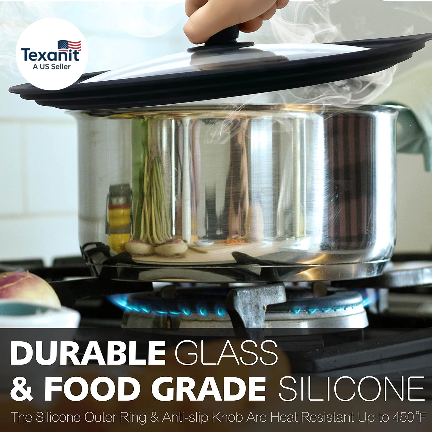 Silicone Universal Lid for Pots, Pans and Skillets – Tempered Glass Covered with