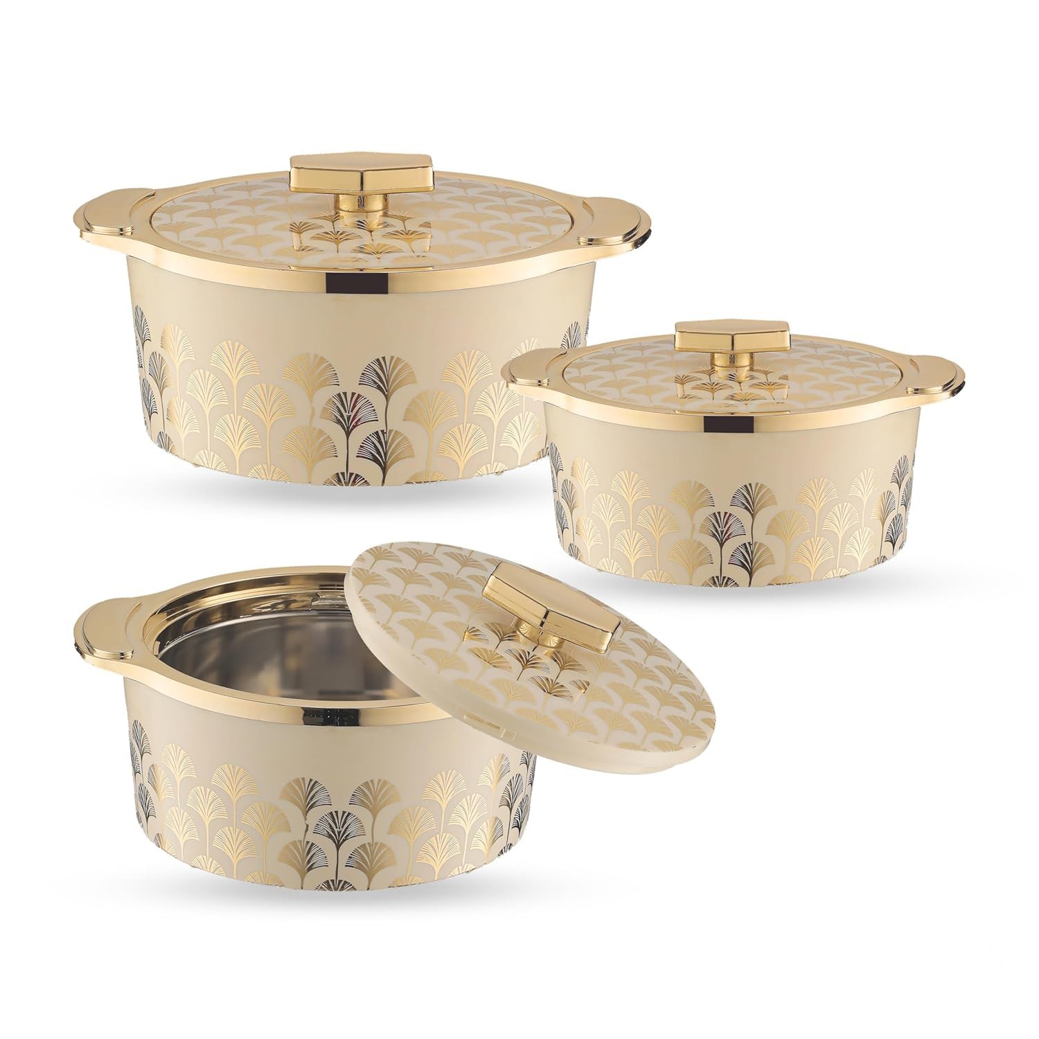 Inner Steel Mirror Casserole Set of 3 off white PU Insulated 750,1000 & 1500 ml