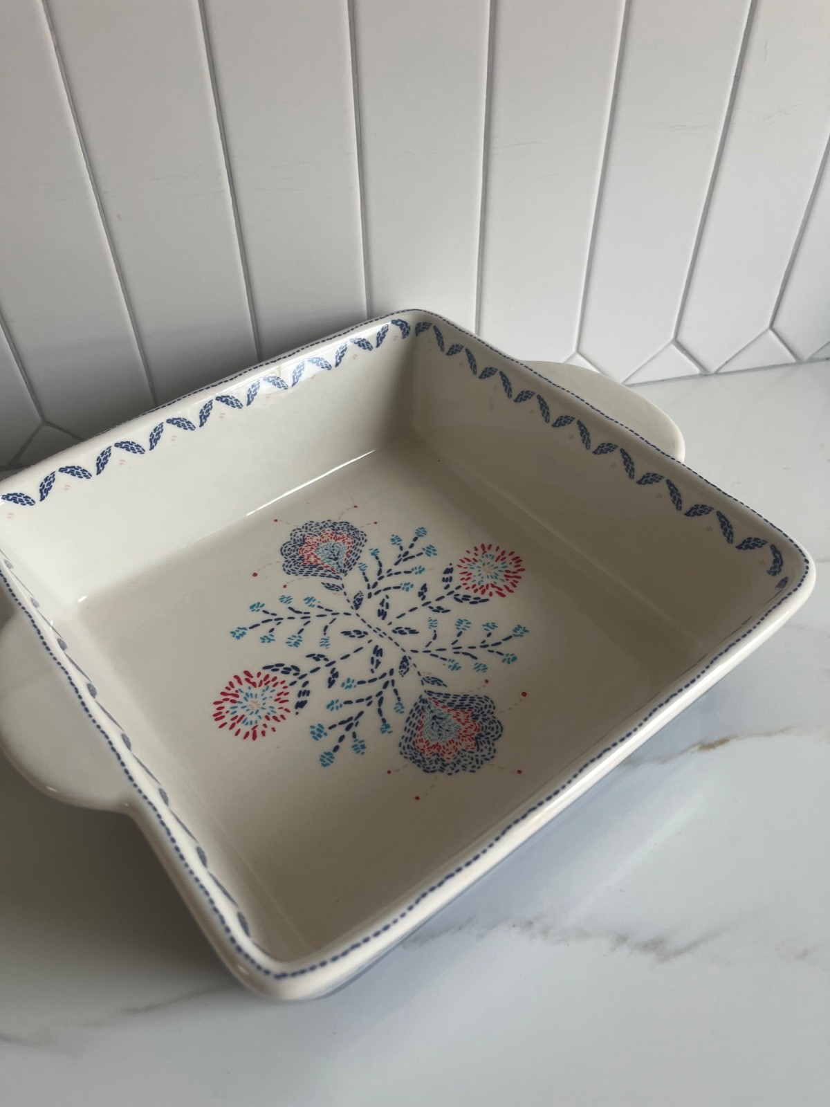 Stoneware Cream Pattern Navy Blue Red Floral Casserole Baking Dish Threshold 8”