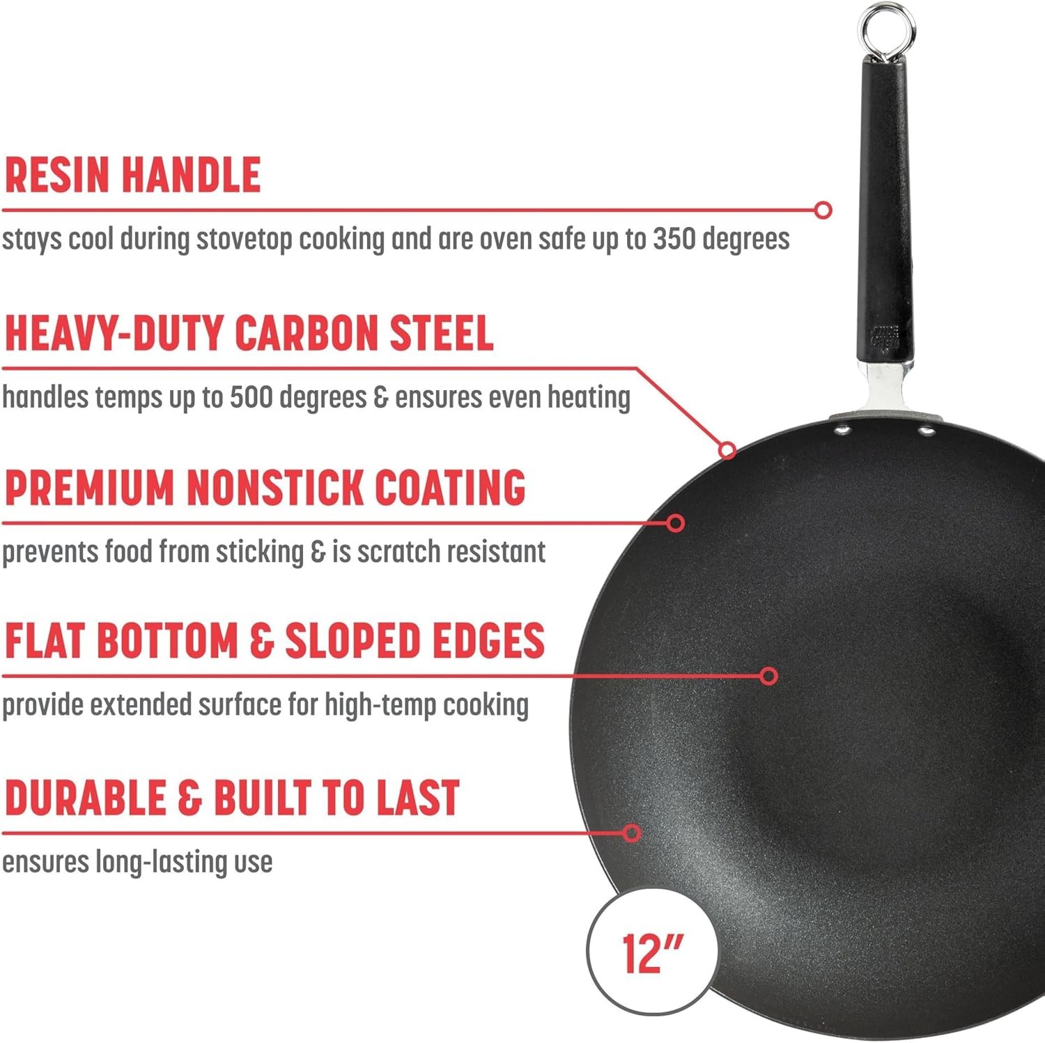 Professional Series 12-Inch Carbon Steel Excalibur Nonstick Stir Fry Pan with
