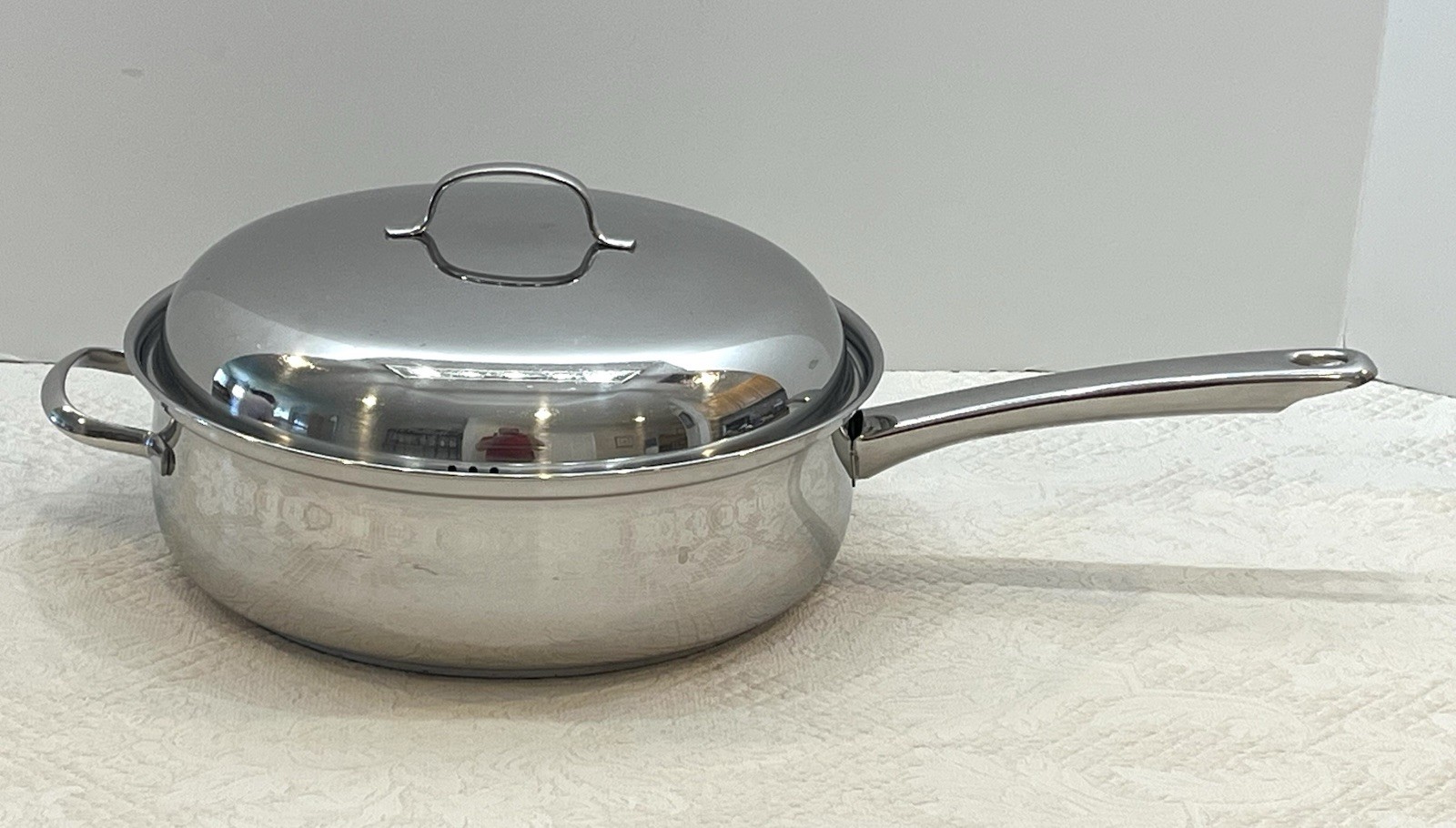 Vtg Belgique SS 11″ Skillet Deep With Helper Handle & Vent Lid Made In Belgium