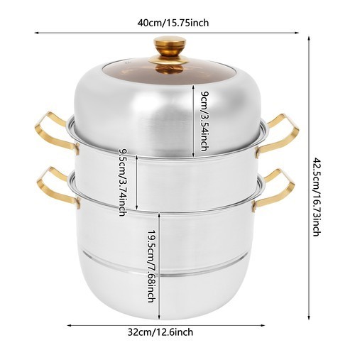 Steam Cooker, Stainless Steel Steam Cooker, 3-tier Steam Cooker Silver+Gold