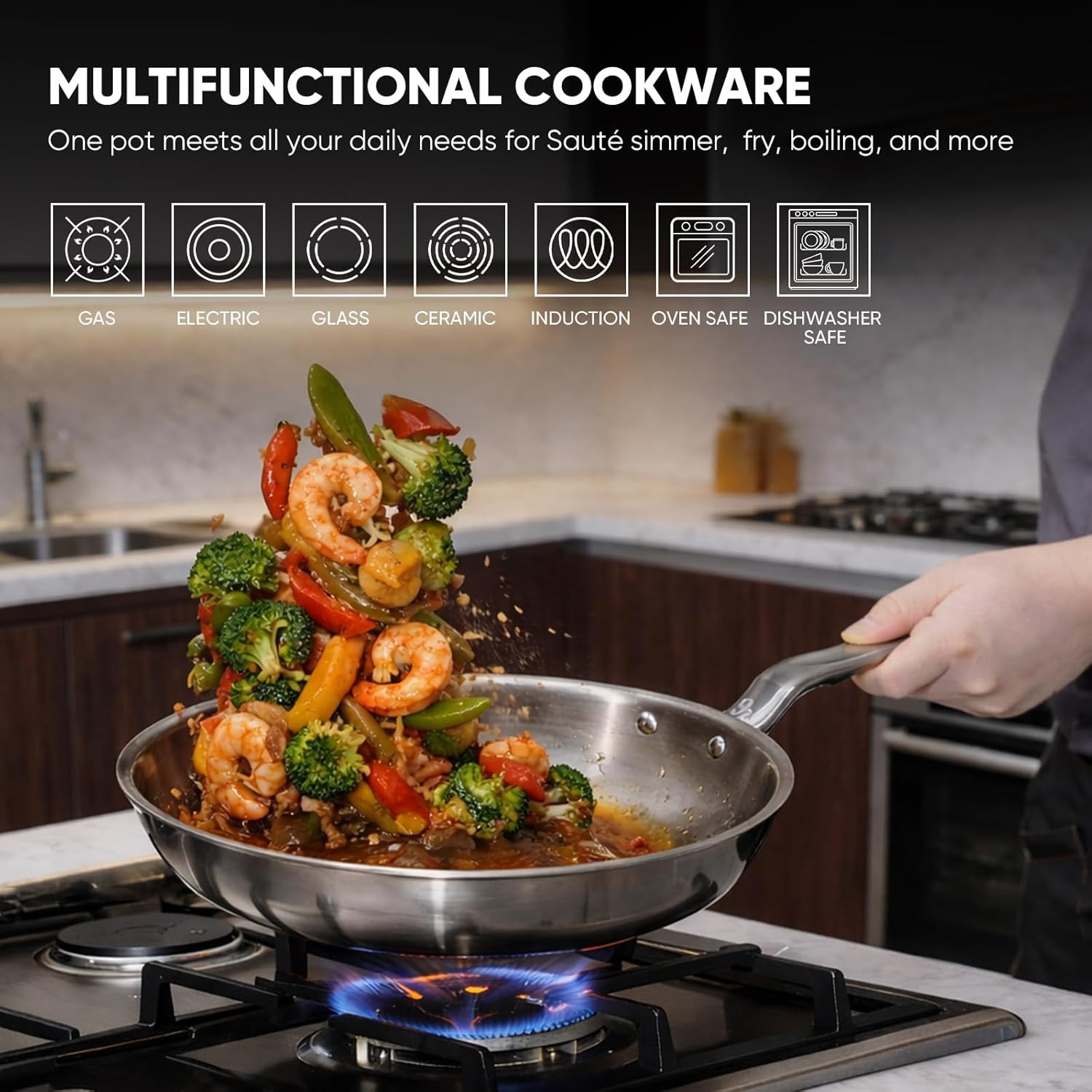 12 Inch Stainless Steel Frying Pan – 5 Ply Stainless Clad Skillet with Aluminum
