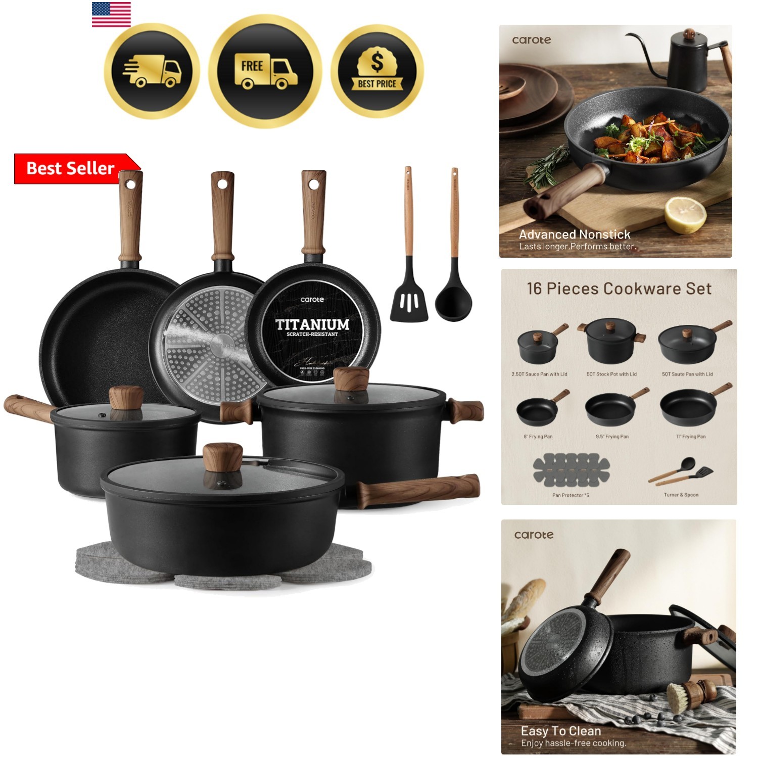Nonstick Pots and Pans, Induction Titanium Cookware Set 16pcs Kitchen Cooking…