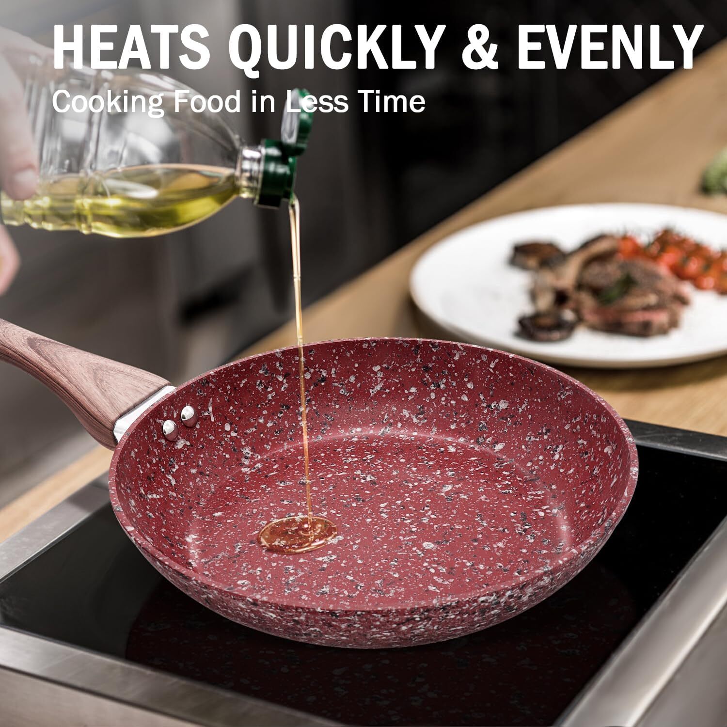 Red Granite Non-Stick Pan with Lid, Classic Pan with Non-Toxic Non-Stick Coating