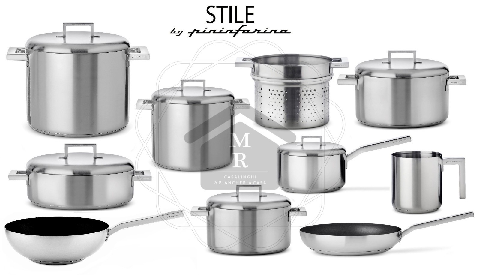 Pots 16 pcs Pininfarina style stainless steel 18/10 Mepra design Made in Italy