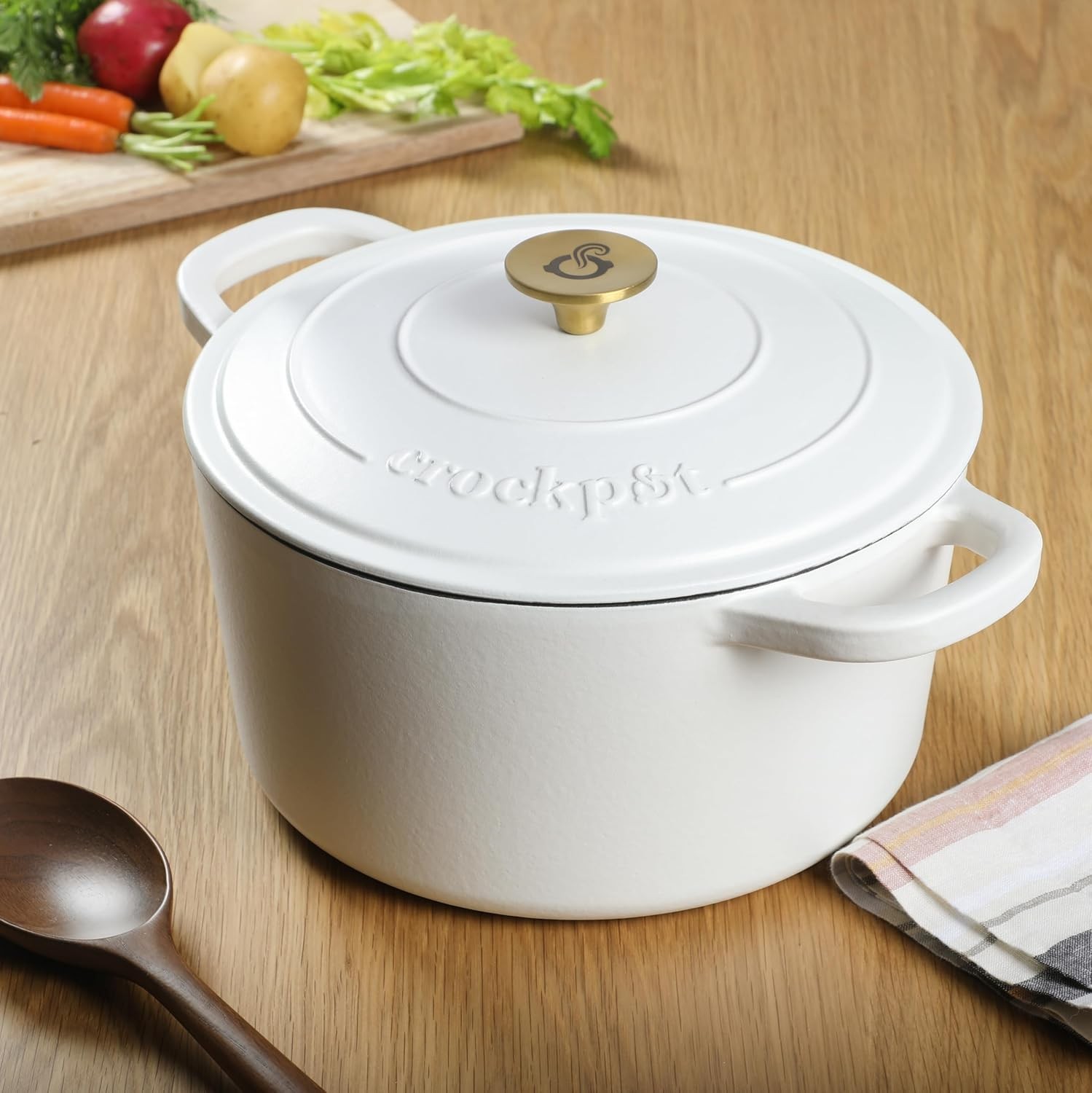 7-Quart Round Dutch Oven Matte Linen White with Gold Knob Enameled Cast Iron