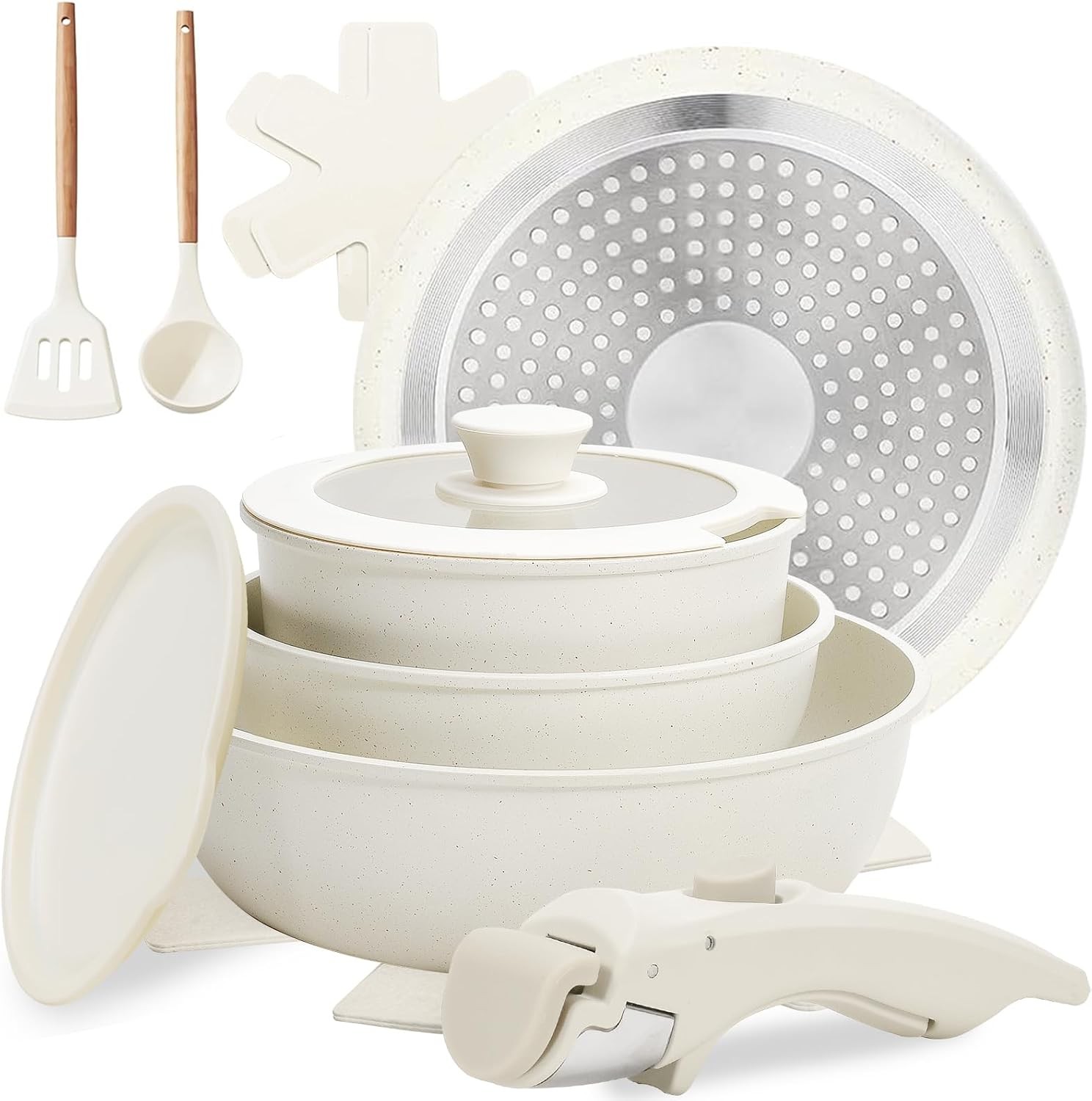 Numola 10-Pc Non-Stick Pots & Pans Set, Detachable Handle, White