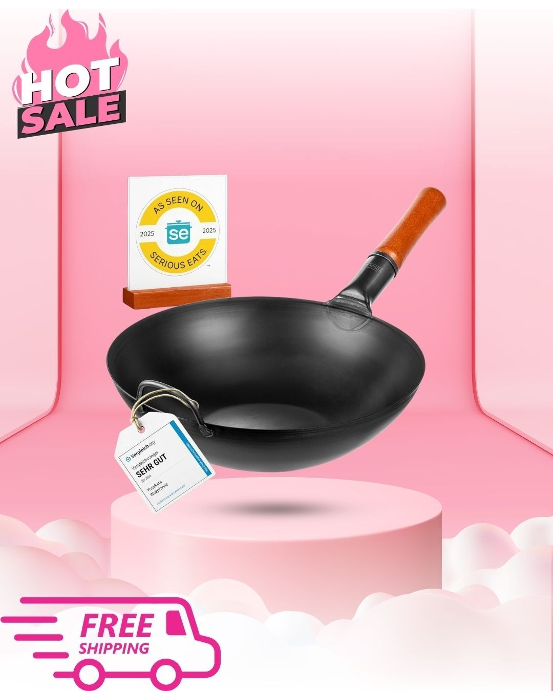 13.5″ Carbon Steel Wok Pan Pre-Seasoned Flat Bottom for All Stoves