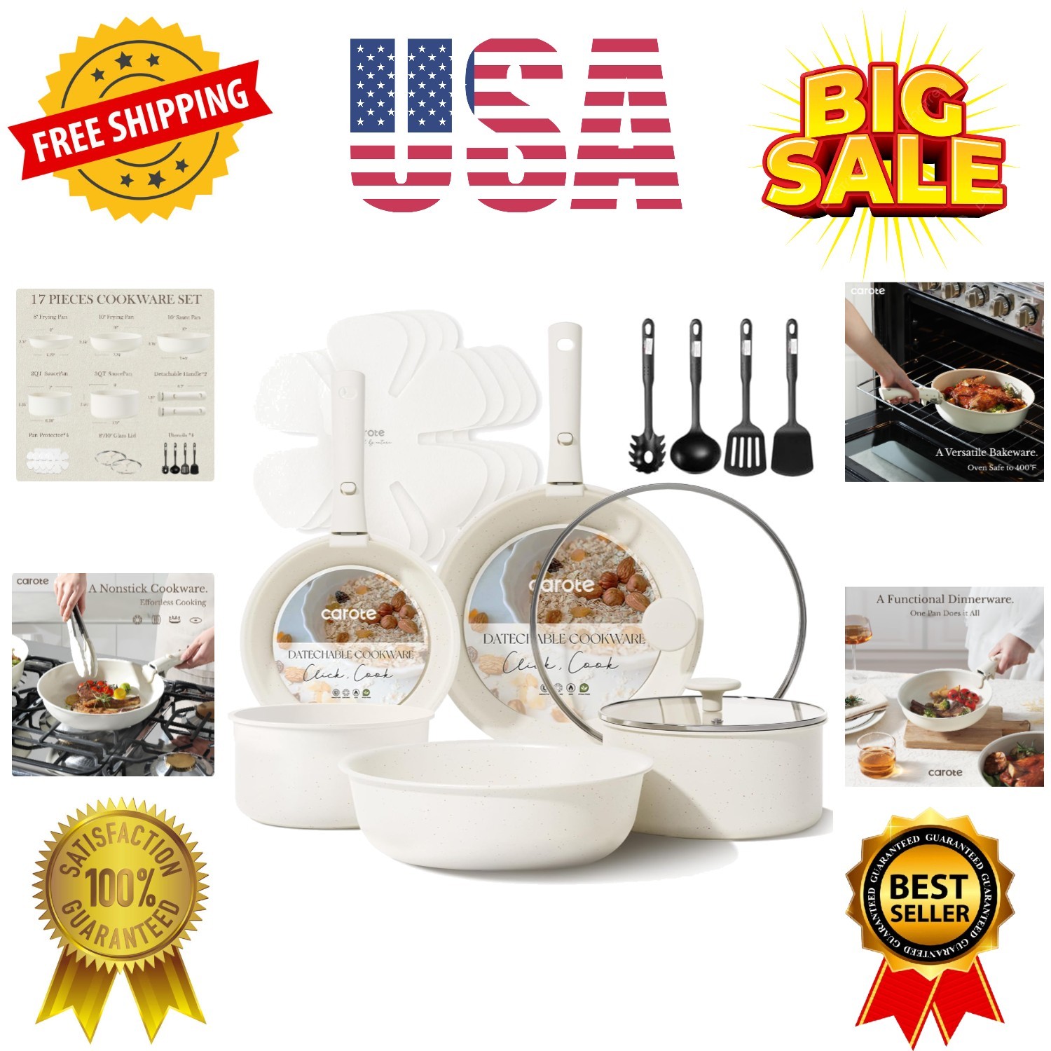 17pcs Pots and Pans Set, Nonstick Cookware Set Detachable Handle, Induction K…