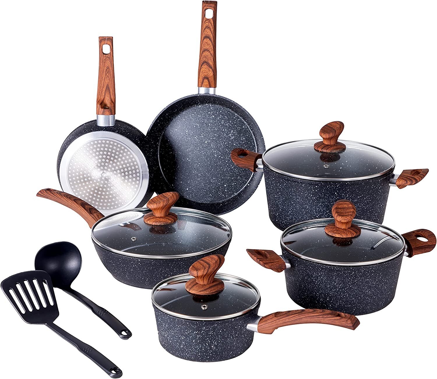 12 Piece Induction Pots & Pans Set Granite Cooking Set Kitchen Nonstick Cookware