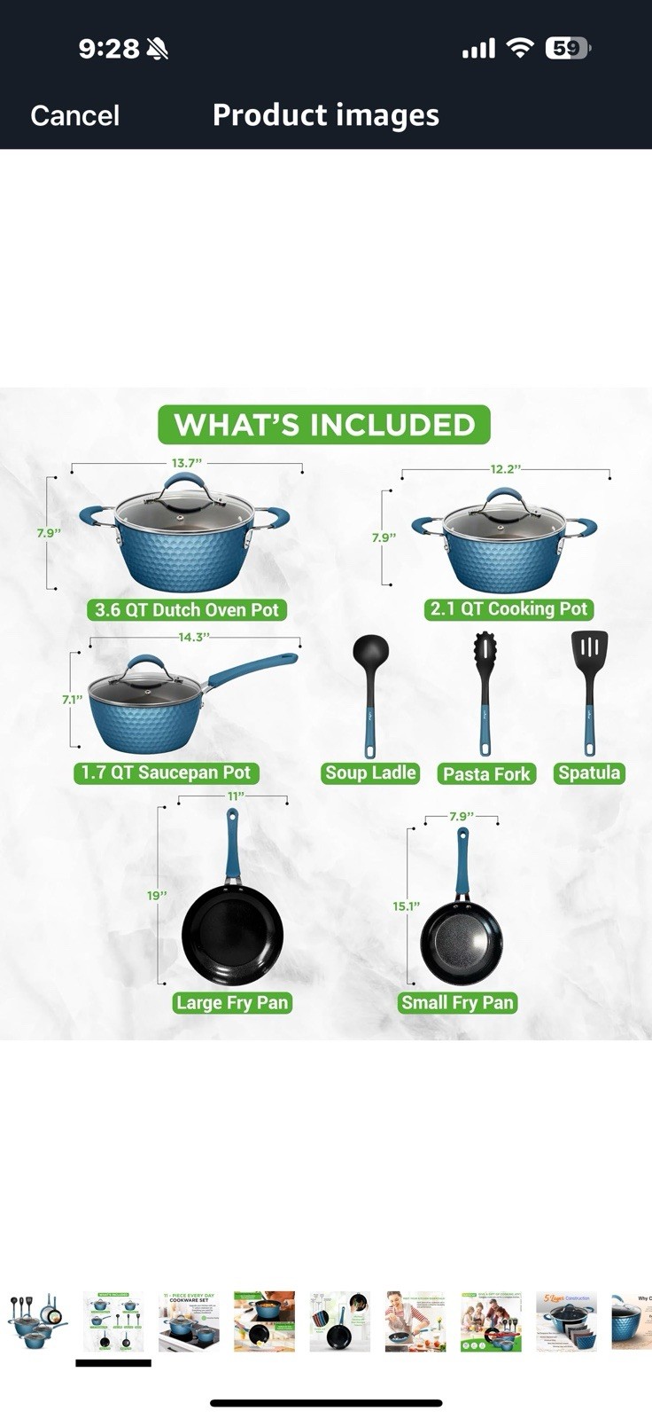 NutriChef 11 Pc Ceramic Cookware Set – Excilon Blue Diamond, Nonstick,