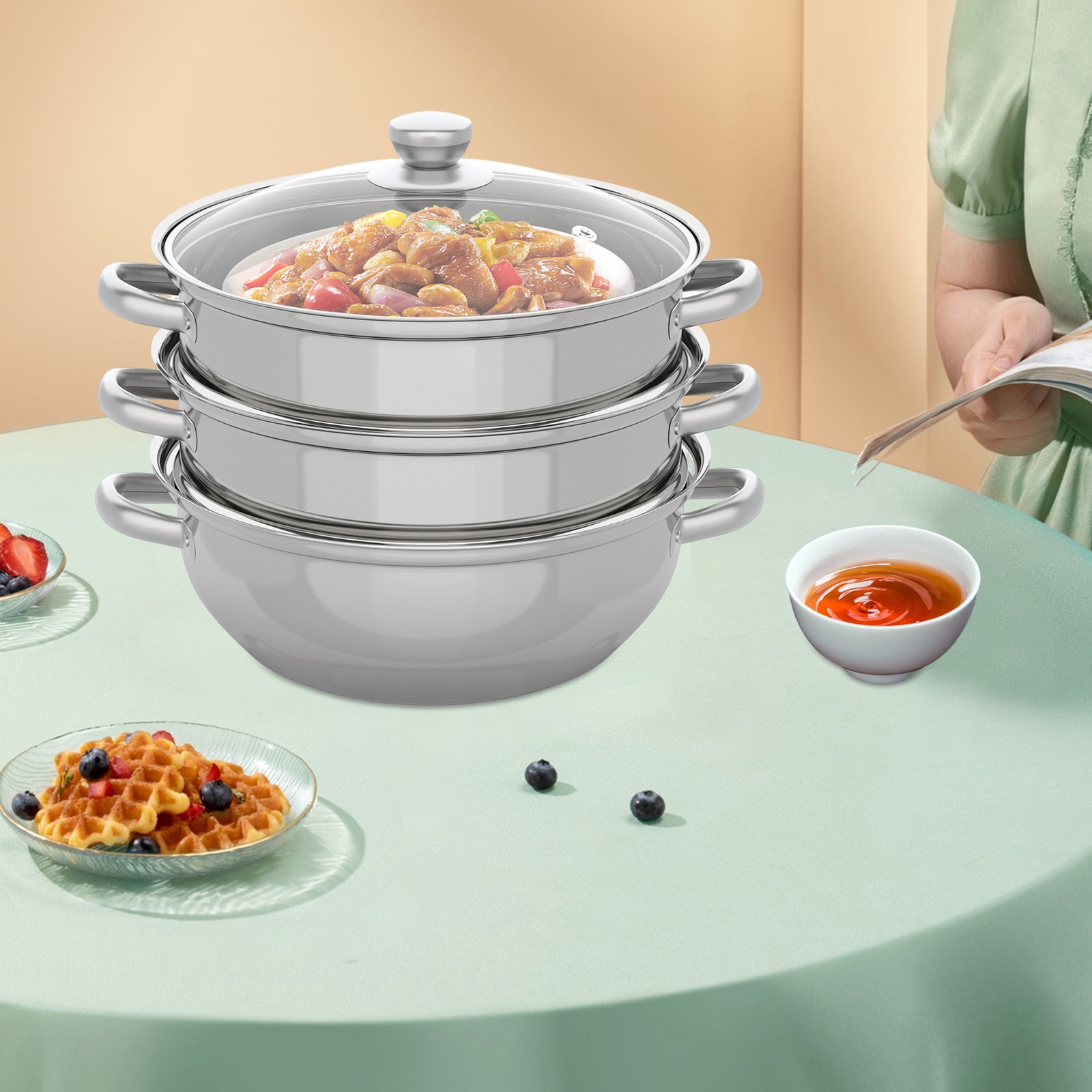 3Tier Steamer Cooker Steam Pot Food Veg Cooking Stainless Steel Kitchen Cookware
