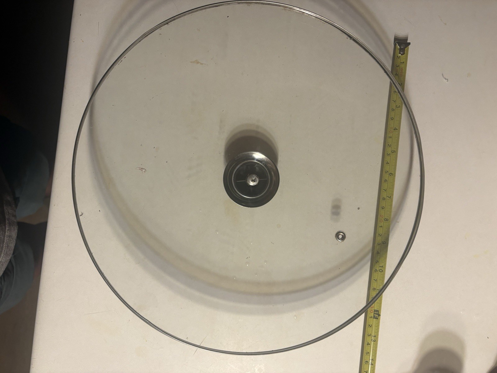 13 and half in. Round Clear Glass Lid Stainless Steel Rim Vent Hole Black Knob