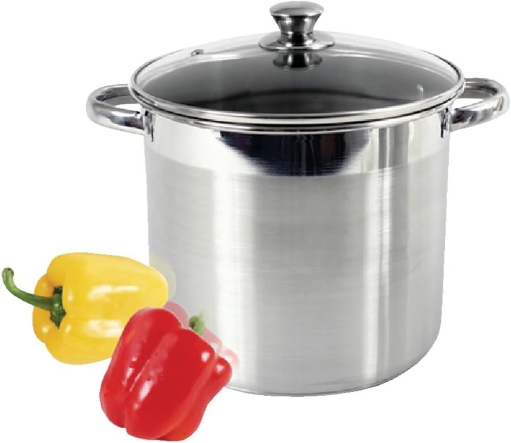 8qt Stainless Stock Pot – Glass Lid, Tempered, Encapsulated Bottom, 3lb
