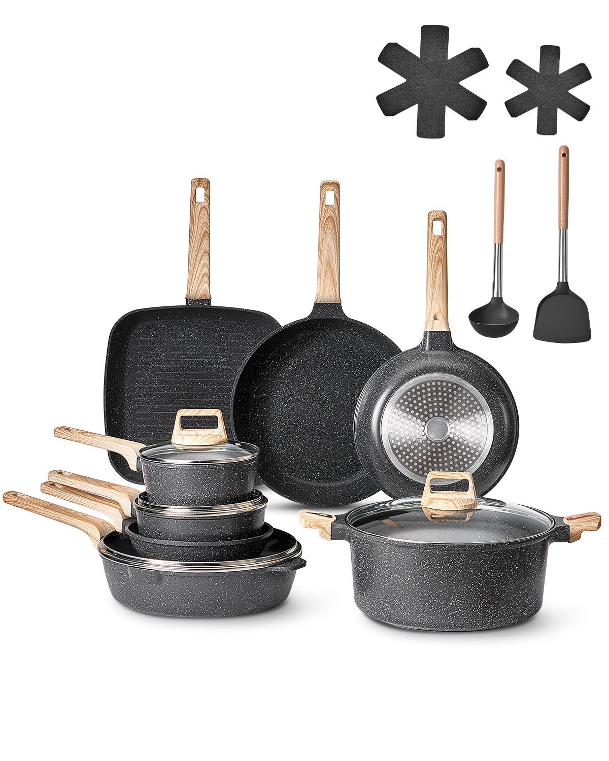 VEVOR 19Piece Pots and Pans Set Granite Nonstick Kitchen Cookware InductionBlack