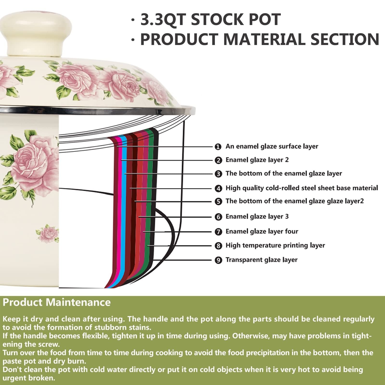 Retro Flower Enamel Stockpot with Lid,Stockpots for Cooking Rose pink -3QT
