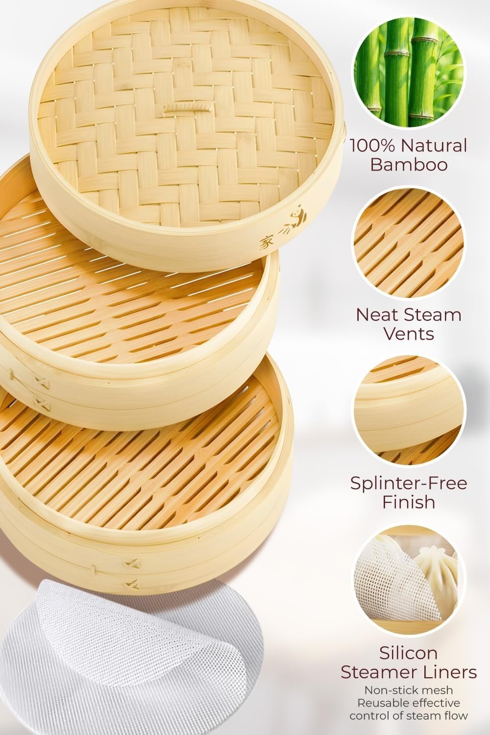 Authentic 2-Tier Bamboo Steamer with Lid for Cooking Rice and Asian Delicacies