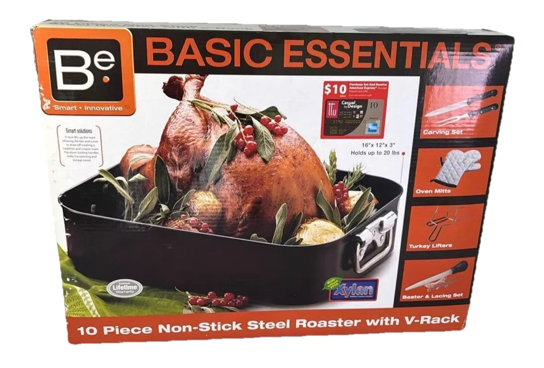 Basic Essentials Roaster Set 10 Piece With V- Rack (Open Box, Complete Set) Cook