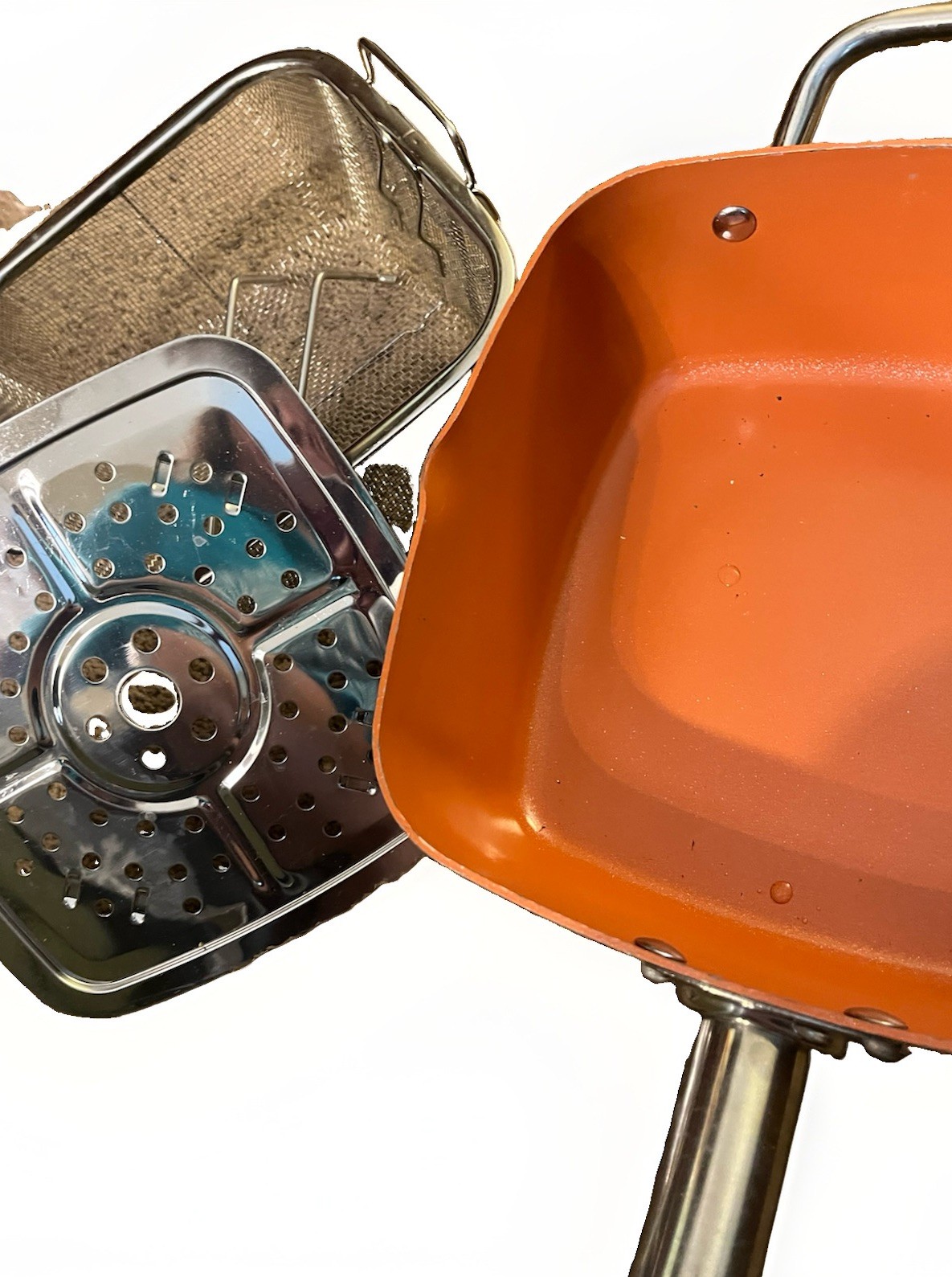 Copper Cook 9.5-Inch Square Pan 4-Piece Set with Lid, Fry Basket, and Steamer Tr