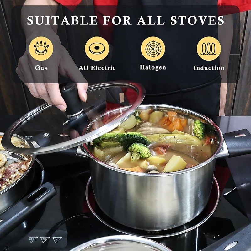 Durable Stainless Steel Cookware Set W/ Stay-Cool Handles & Glass Lids New