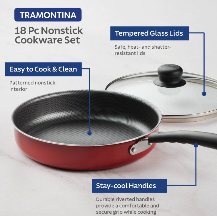 Tramontina Primaware 18 Piece Non-stick Cookware Set, Red