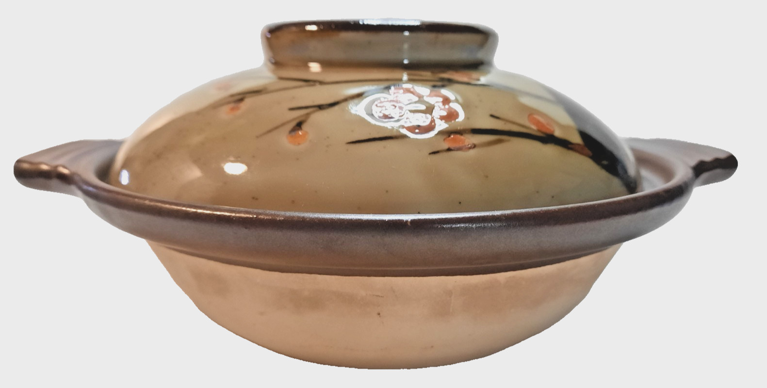 Japanese-Earhenware Donabe Cooking Pot-Hand Painted-Cherry Blossoms-Brown/Orange
