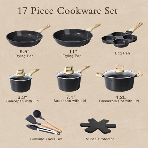 Ceramic Pots and Pans Set Non Stick – 17 Pcs Nonstick Cookware 17PCS Dark Gray