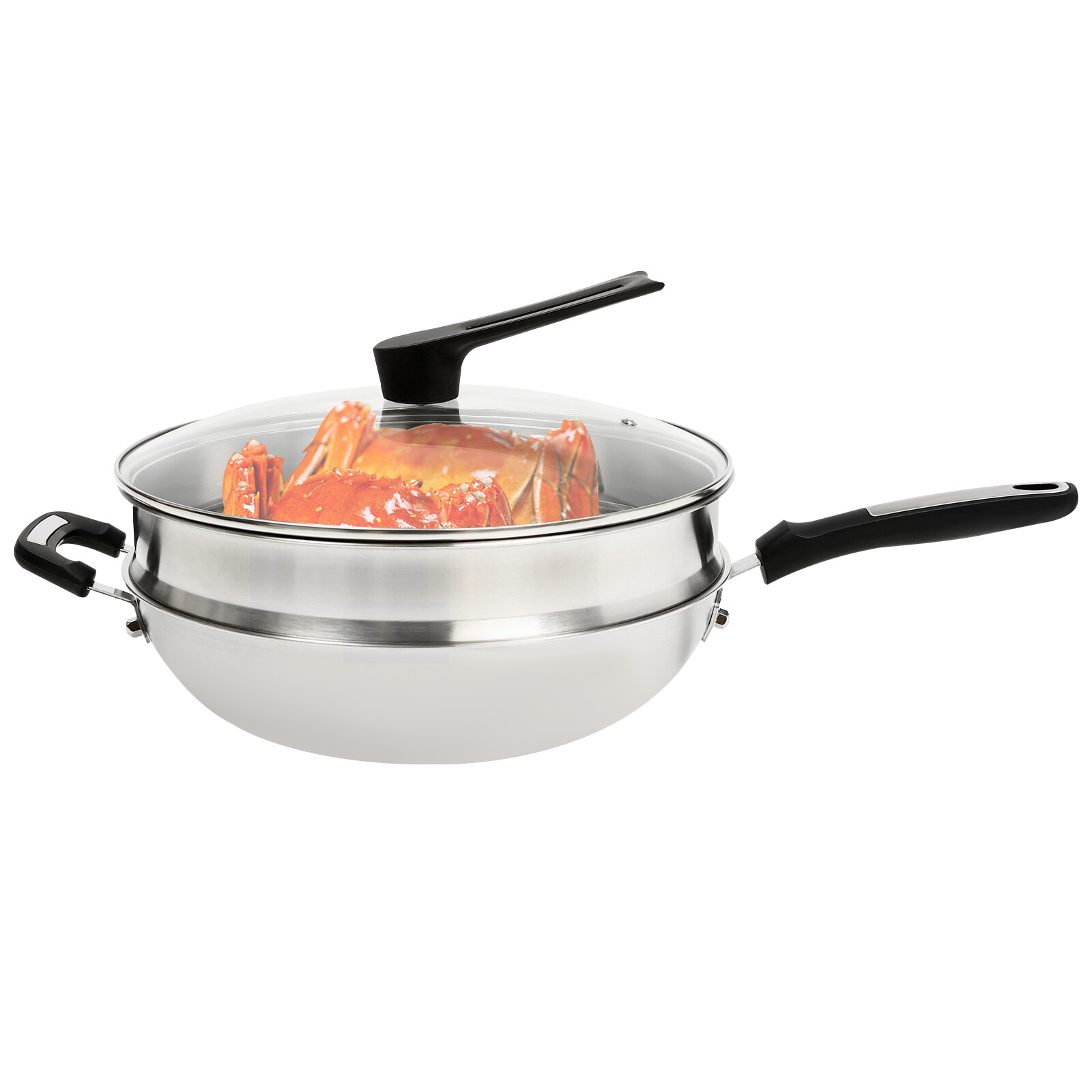32cm Cooking Nonstick Honeycomb Wok Pan w/Lid & Stainless Steel Steamer Pot