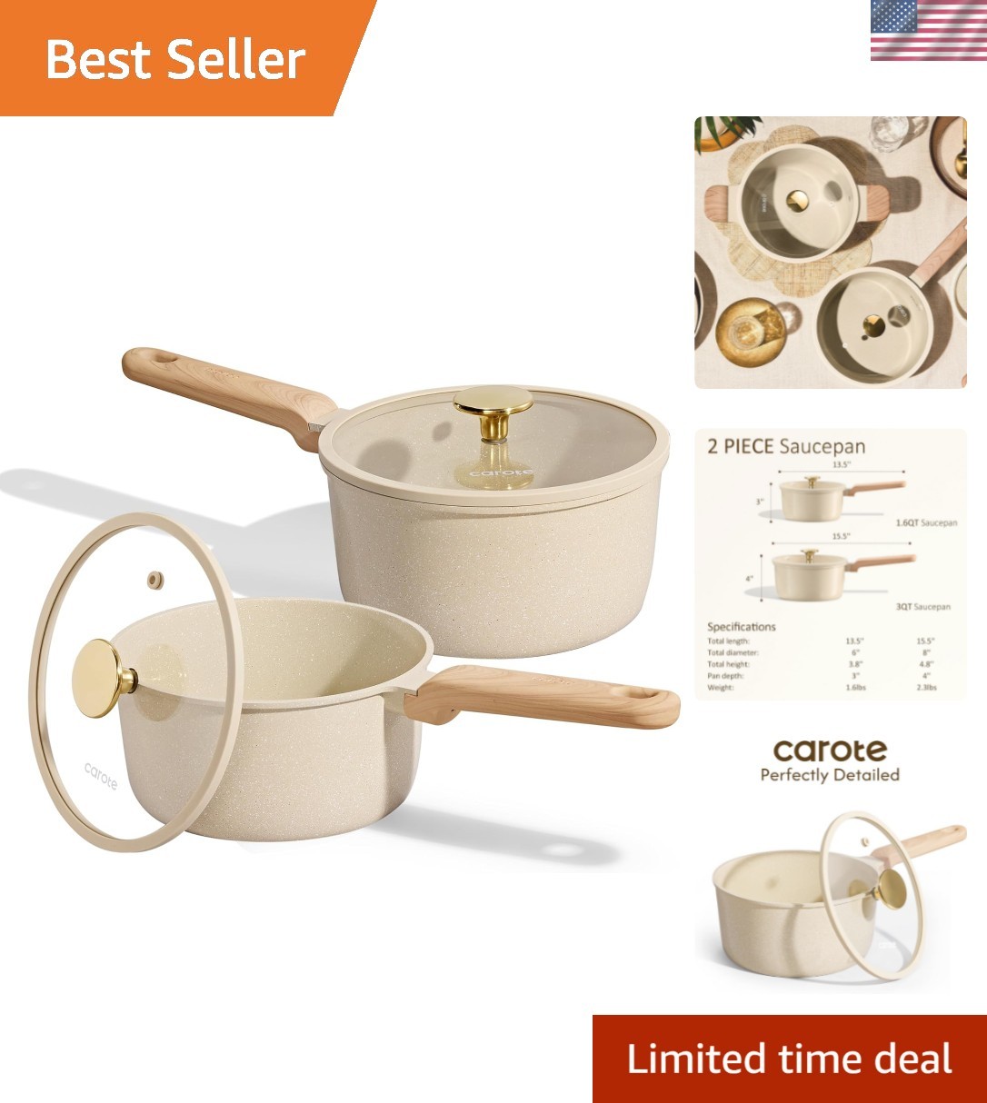 1.6Qt & 3.0Qt Sauce Pan Sets with Lid Ceramic Nonstick Pot Set Non Toxic Sauc…