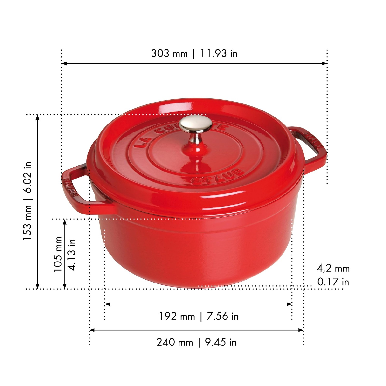 Cast Iron Dutch Oven 4-qt Round Cocotte, Made in France, Serves 3-4, Cherry