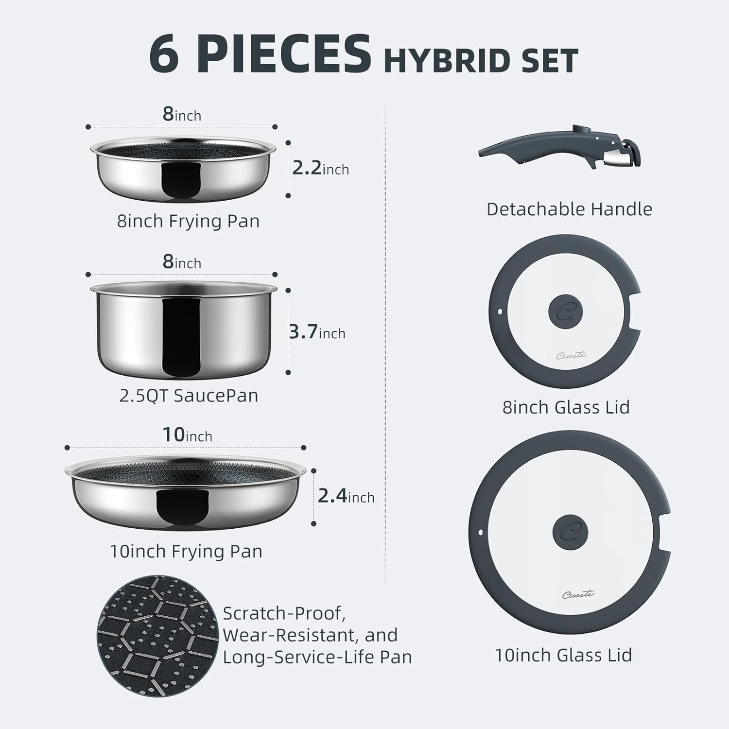 Ciwete 6-Piece Hybrid Stainless Steel Pots and Pans Set Non Stick (Open Box)