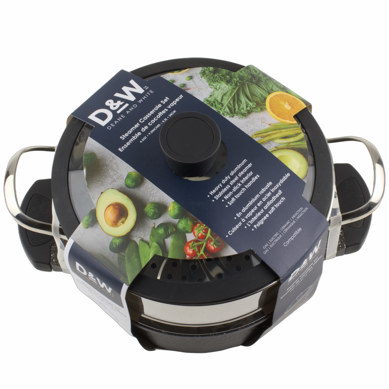 D&W Deane & White 9.5″ Steamer Casserole Set Pan Pot Lid 4.5 QT Black