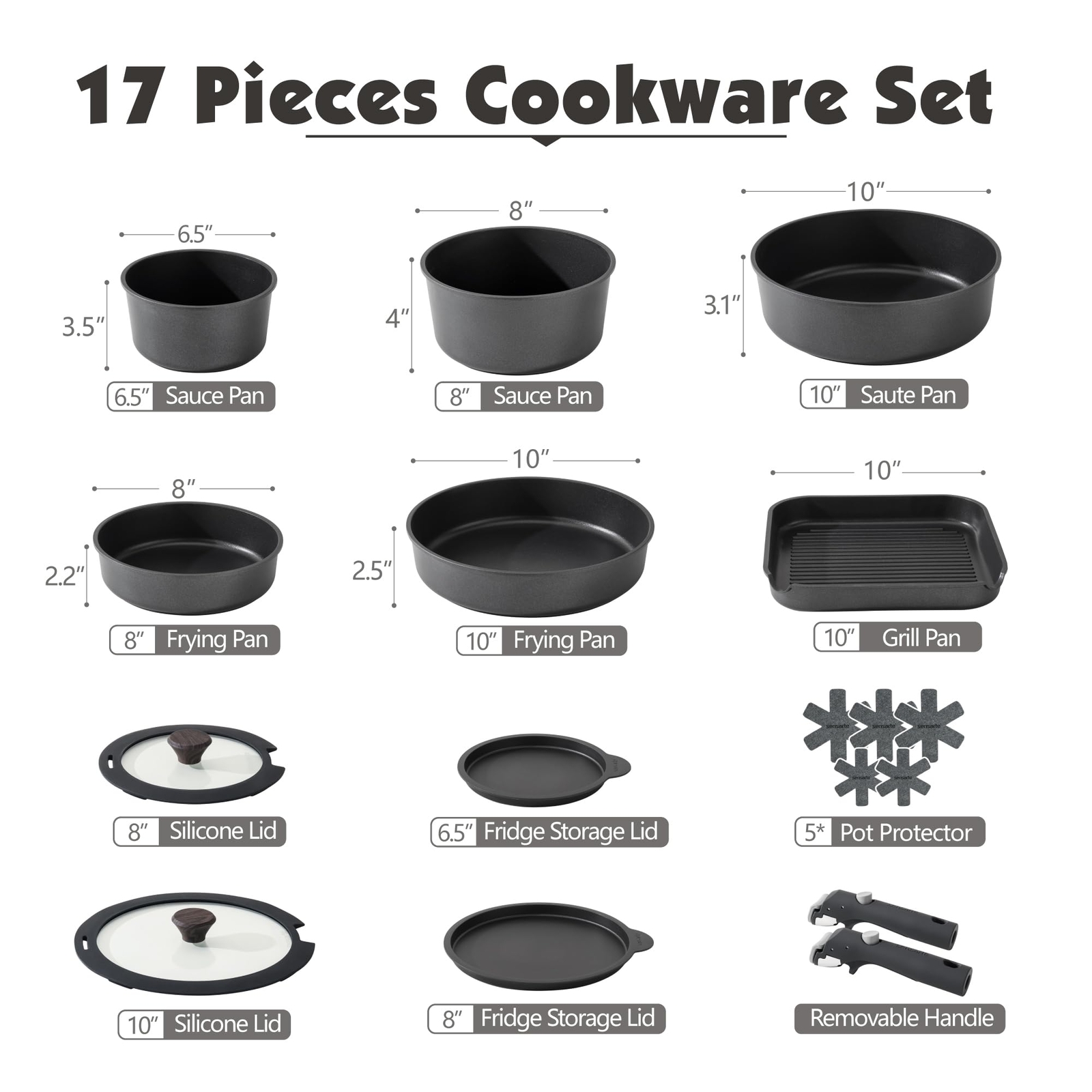 17 Piece Pots and Pans Set, Nonstick Detachable Handle Cookware Set, Induction K