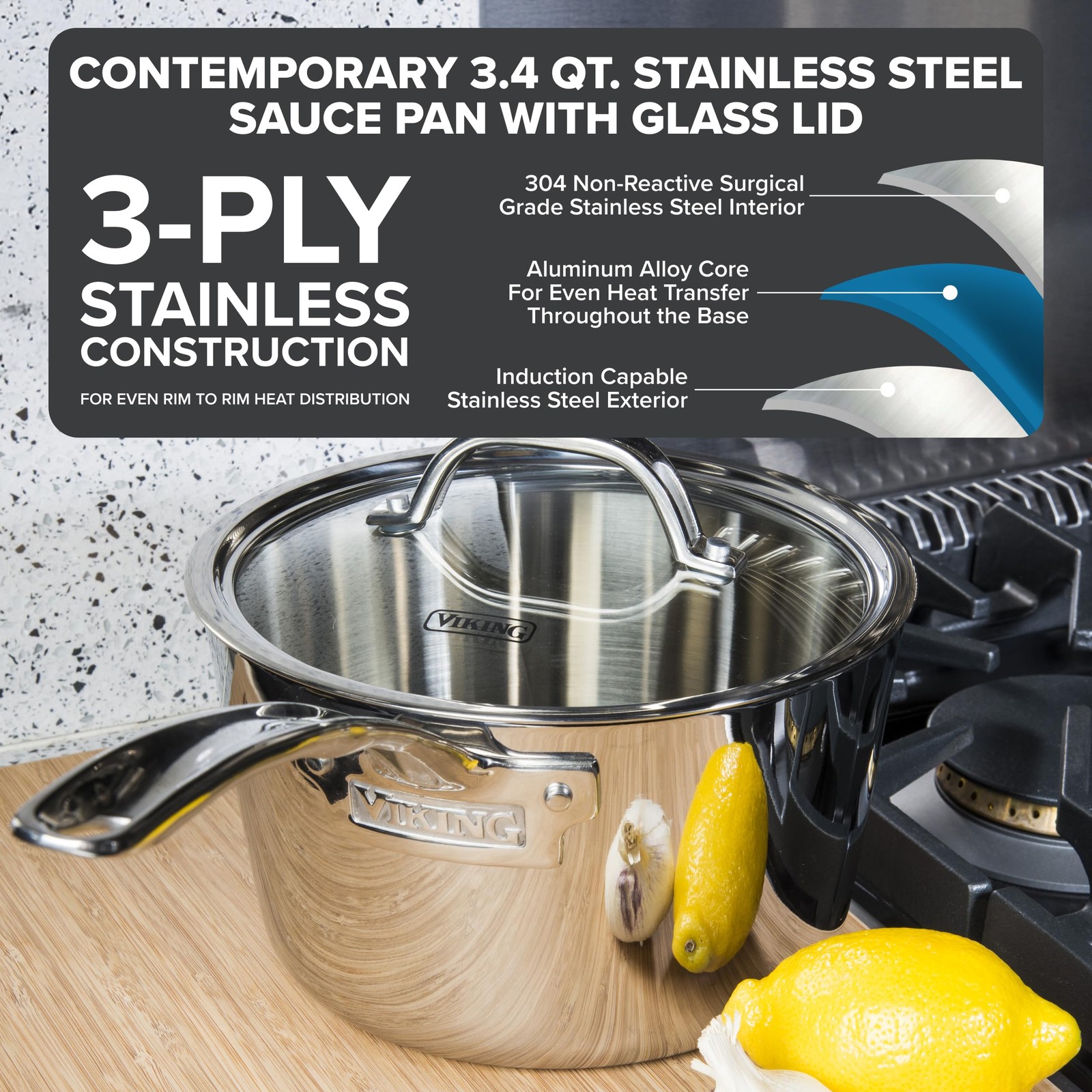 Viking Contemporary 3-Ply Stainless Steel Sauce Pan Glass Lid 3.4 Quart Cooking