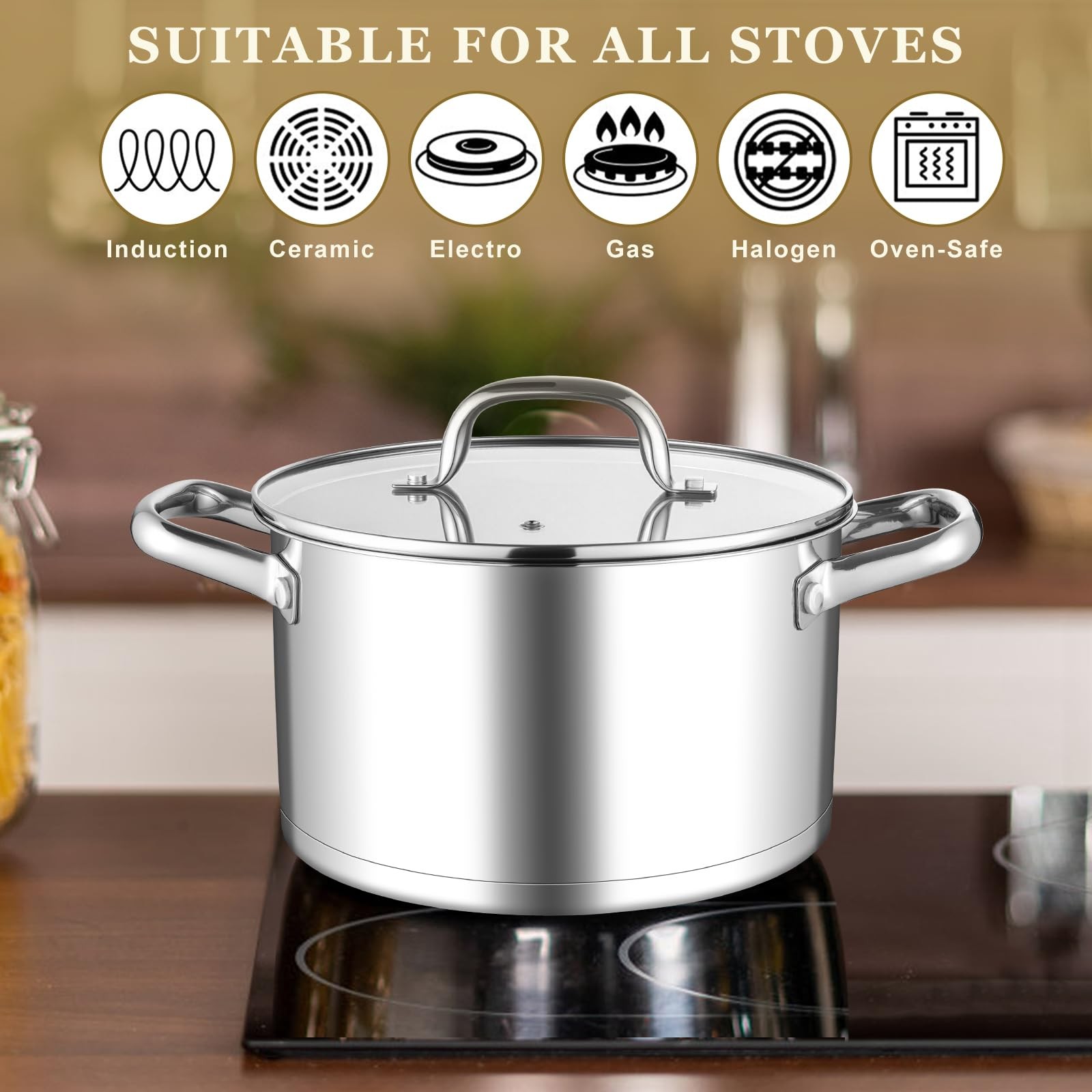 Stainless Steel Stock Pot, 8 Quart Stock Pot with Visible Lid, Heavy Duty 3-P…