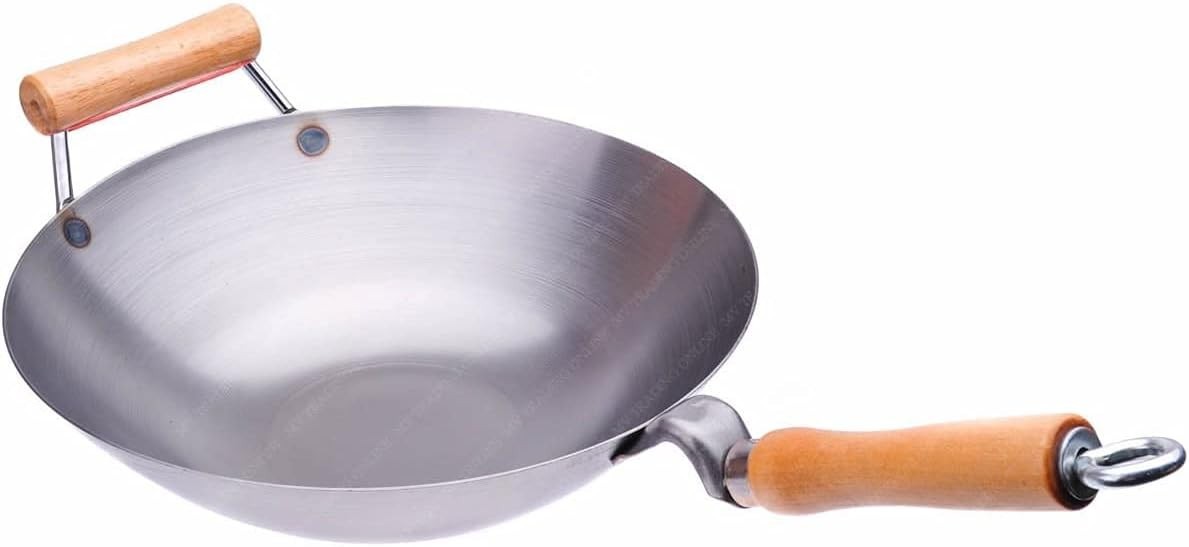 Carbon Steel Wok with Helper Handle (Flat Bottom), 14 Gauge Thickness, USA Made