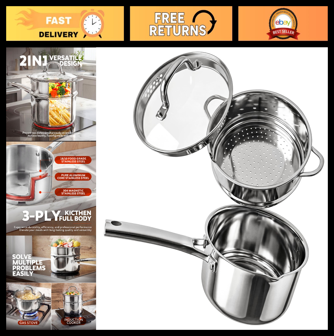 2-in-1 Stainless Steel Steamer & Saucepan Set – 1.5 Qt with Pour Spouts & Glass