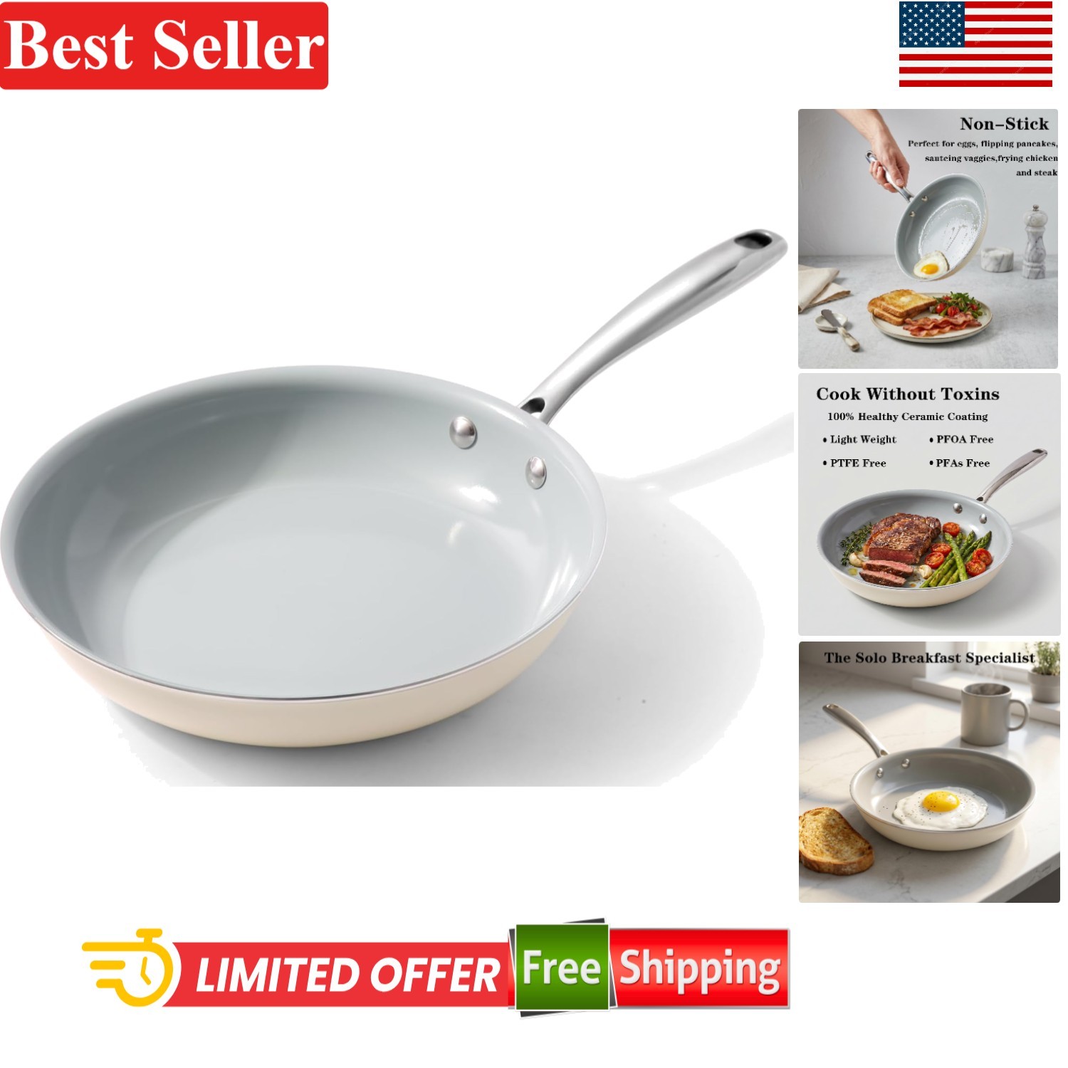 8In Nonstick Ceramic Frying Pan Compatible With Induction Gas Electric 1.5L