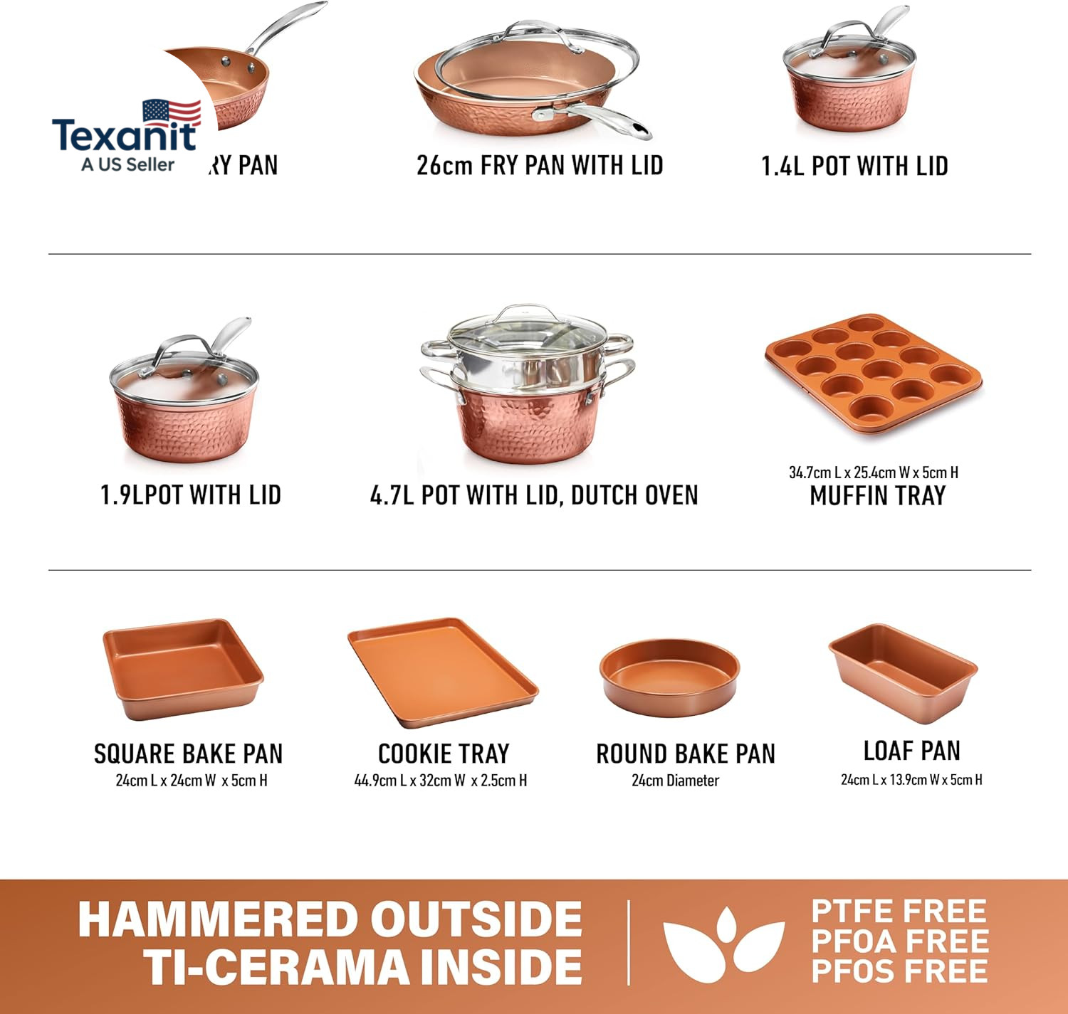 Hammered 15 Pc Ceramic Cookware Set Nonstick, Induction Pots and Pans Set Non St