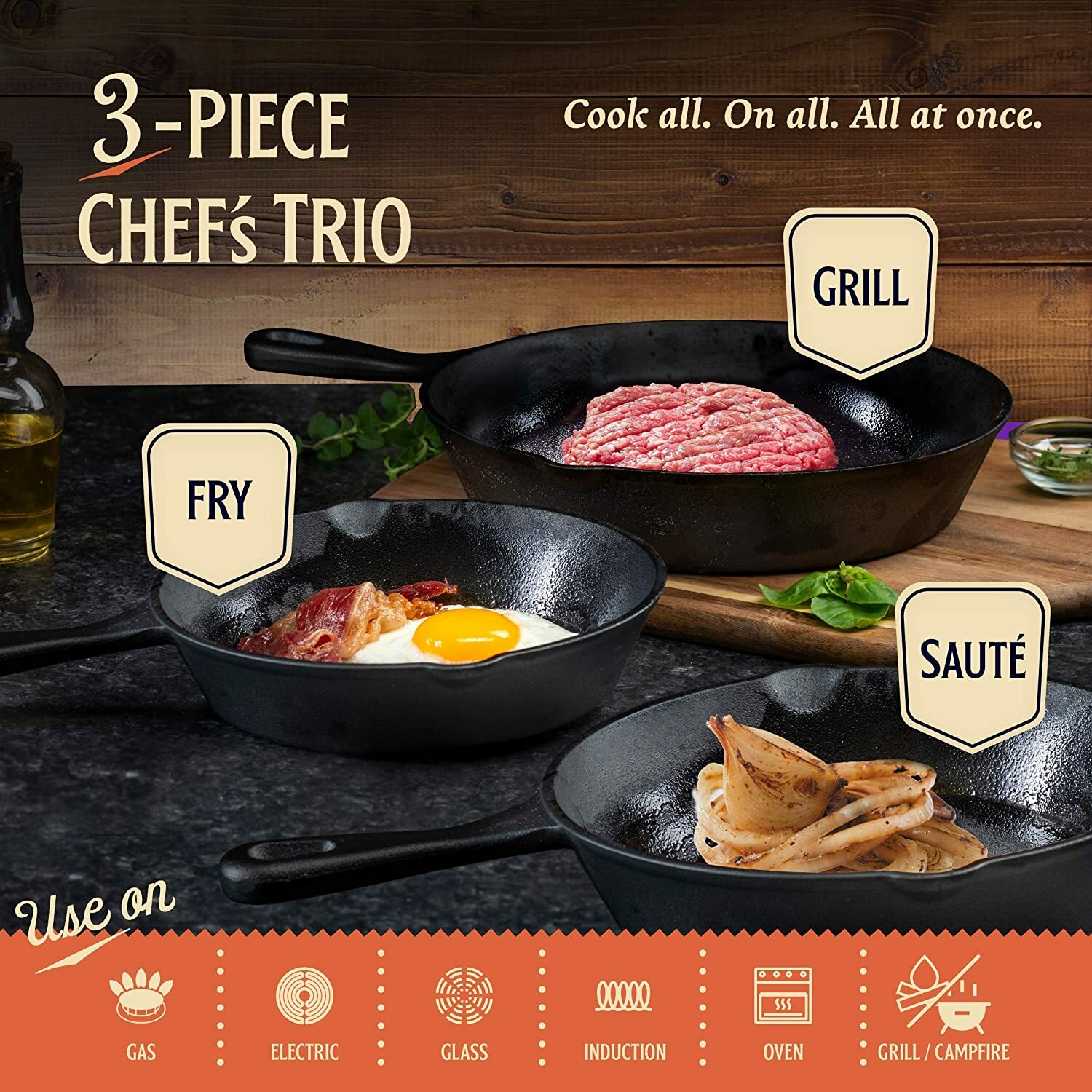 Frying Pan -Set of 3 Cast Iron Skillet w/ 10”/8”/6” Sizes -Nonstick Cookware