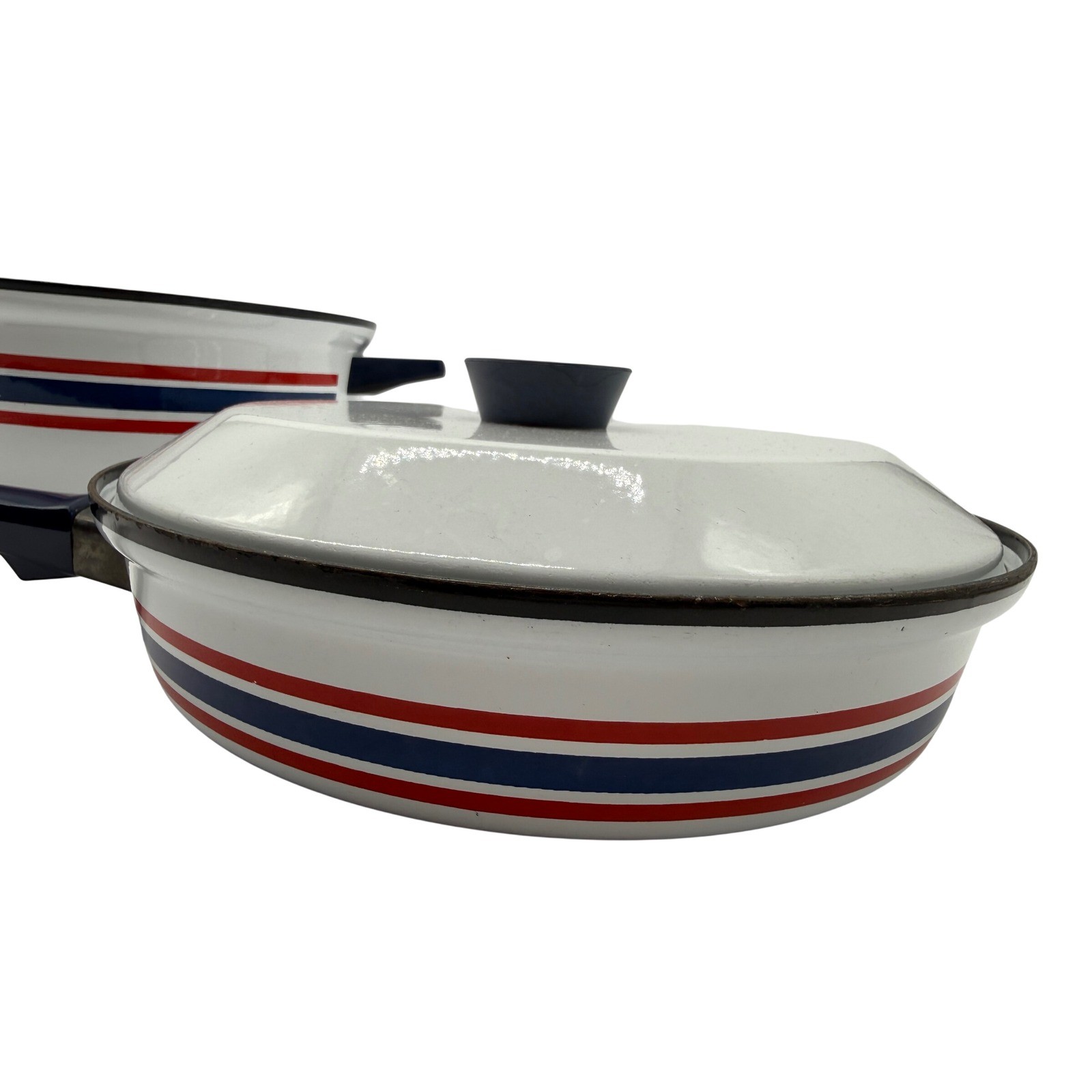 Vintage Club Celebration Norway Enamel Cookware Set White Red Blue Stripes 2pc