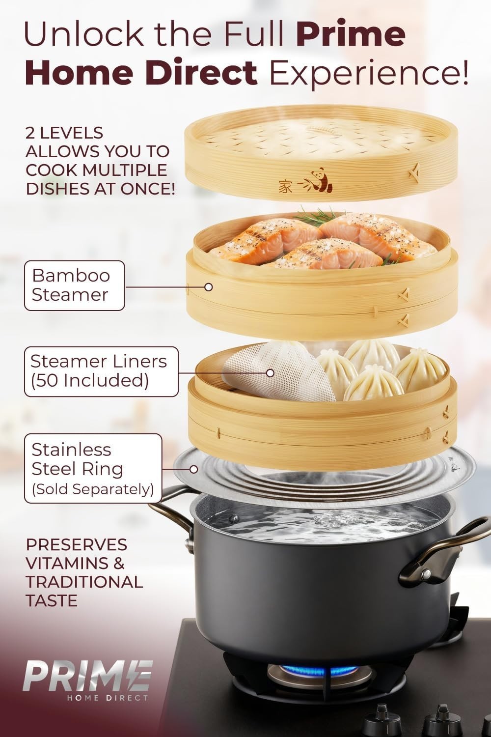 Authentic 2-Tier Bamboo Steamer with Lid for Cooking Rice and Asian Delicacies