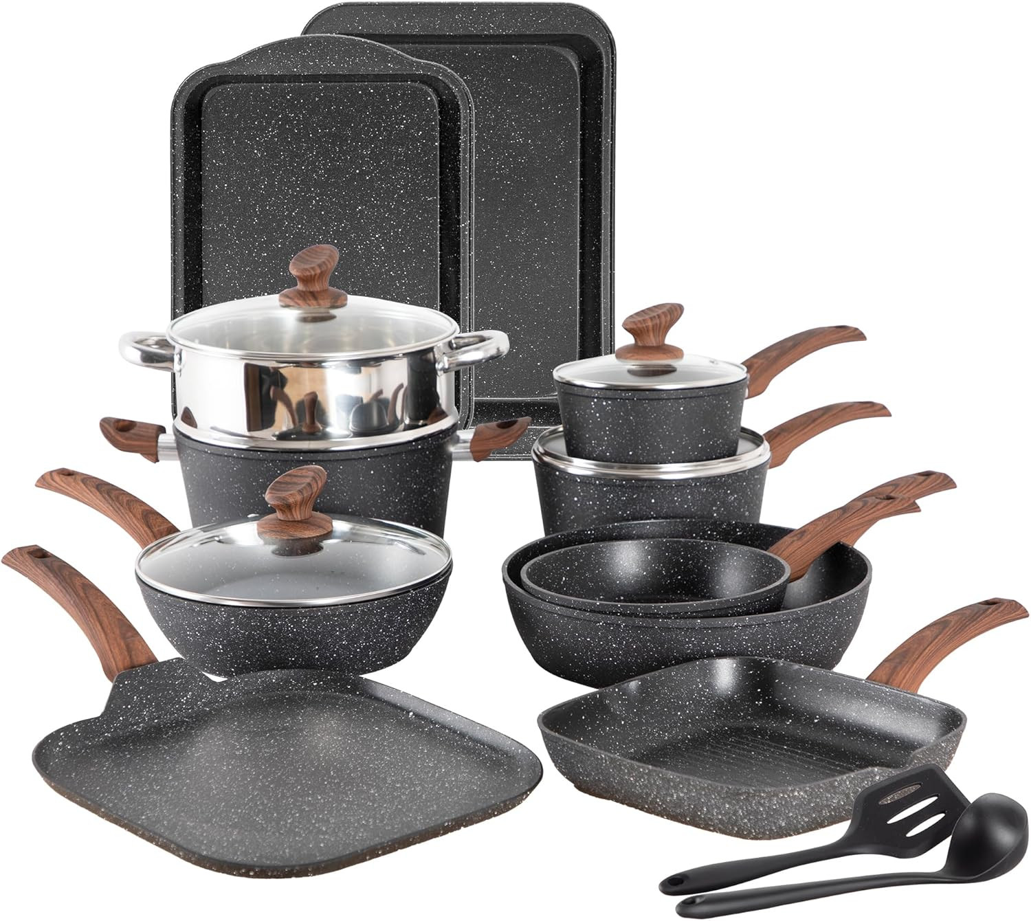 17-Piece Nonstick Granite Cookware Set – Induction Safe, Non-Toxic, Black