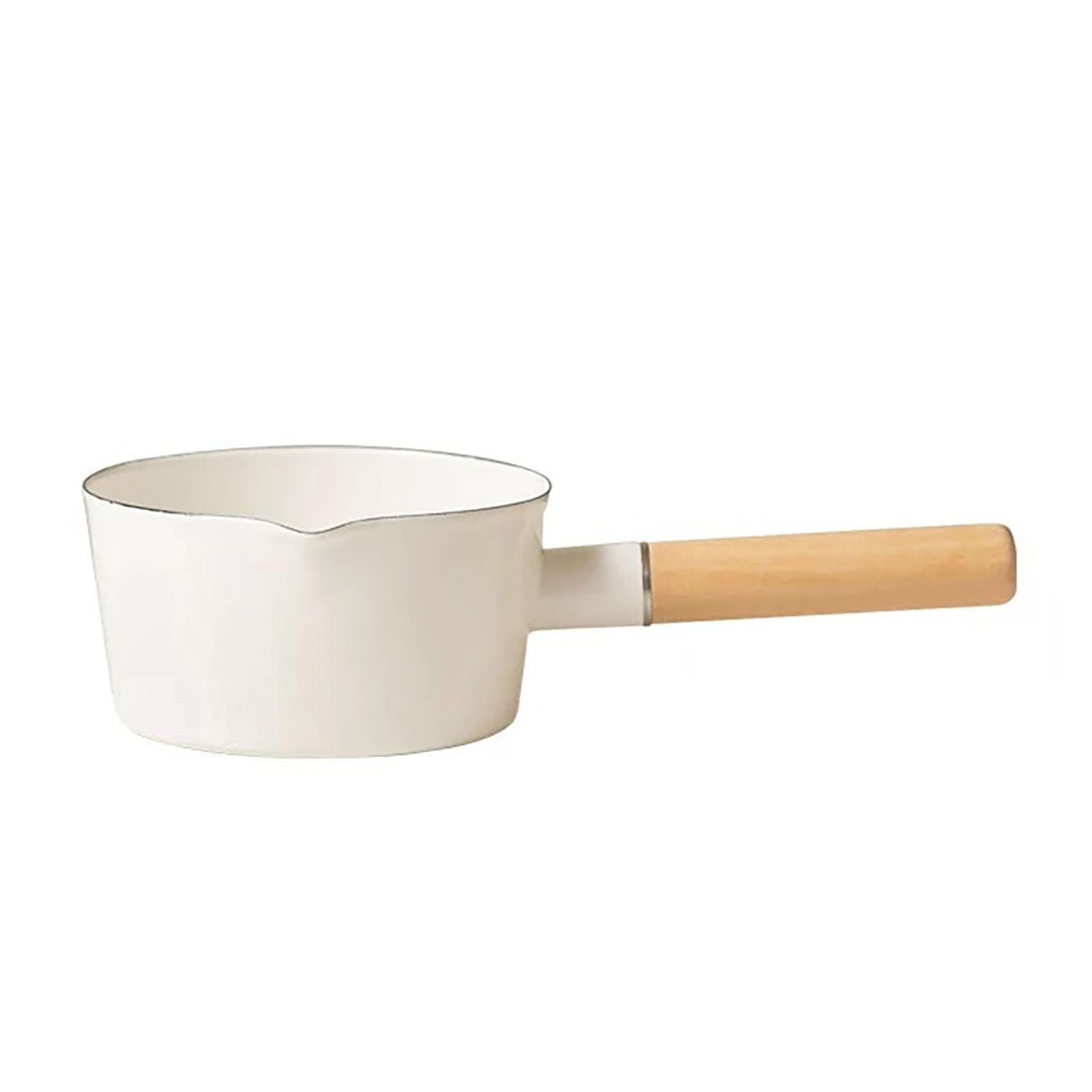 6 Inch 37 OZ White Enamel Milk Pot Butter Warmer Saucepan Wooden Handle