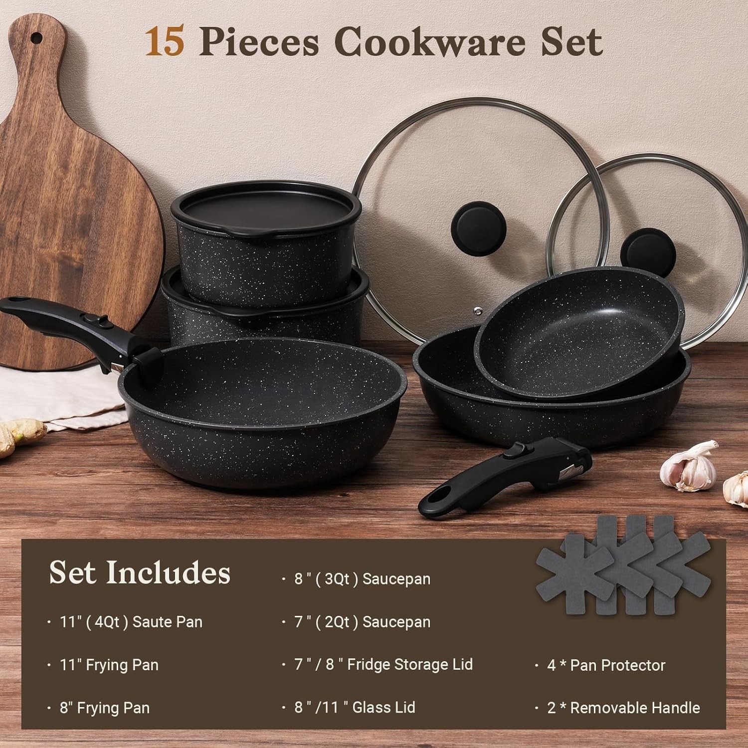15Pcs Pots and Pans Set Non Stick Detachable Handle Induction Black Aluminum Gra