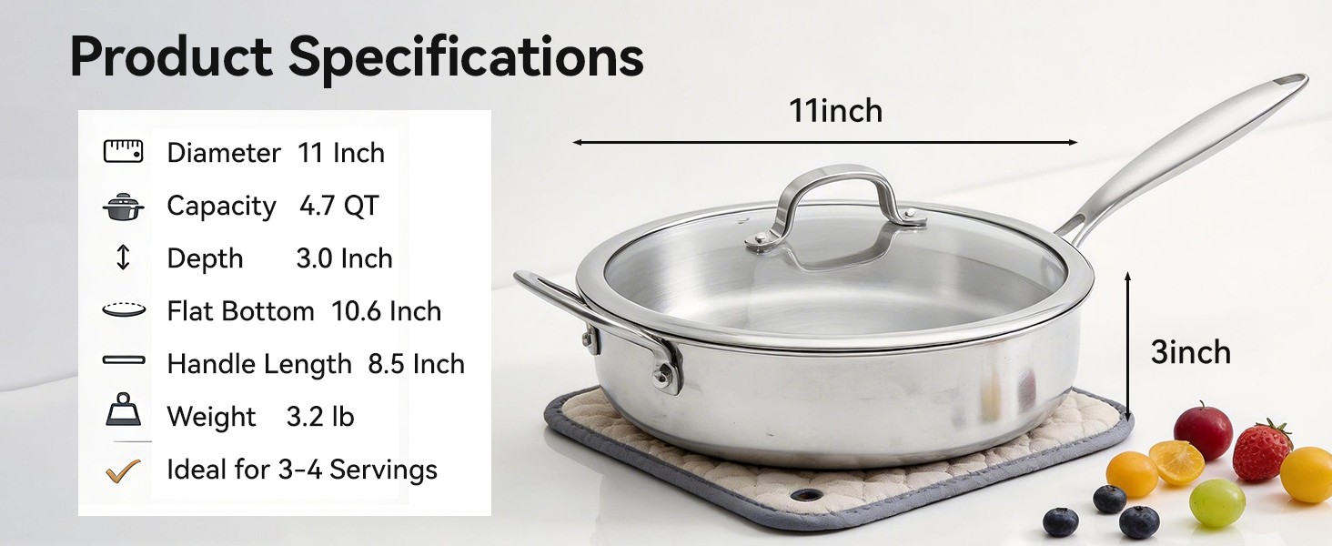 11 Inch Tri-Ply Stainless Steel Saute Pan with Glass Lid, 4.7 QT Deep Skillet