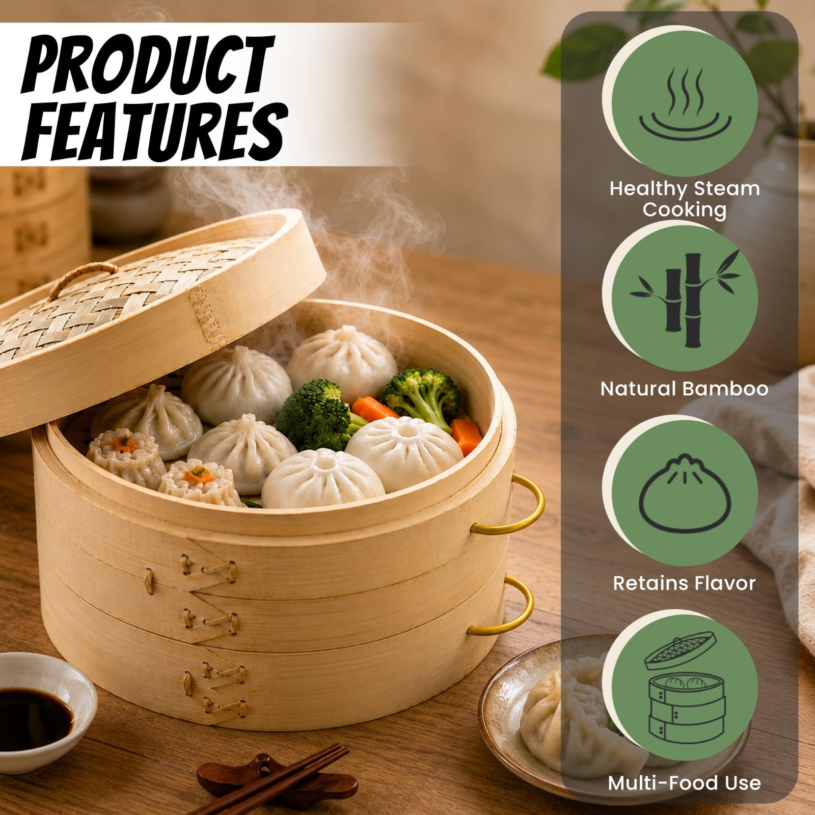 10″ 2-Tier Bamboo Steamer Basket for Dumplings, Dim Sum & Asian Cuisine, Silicon