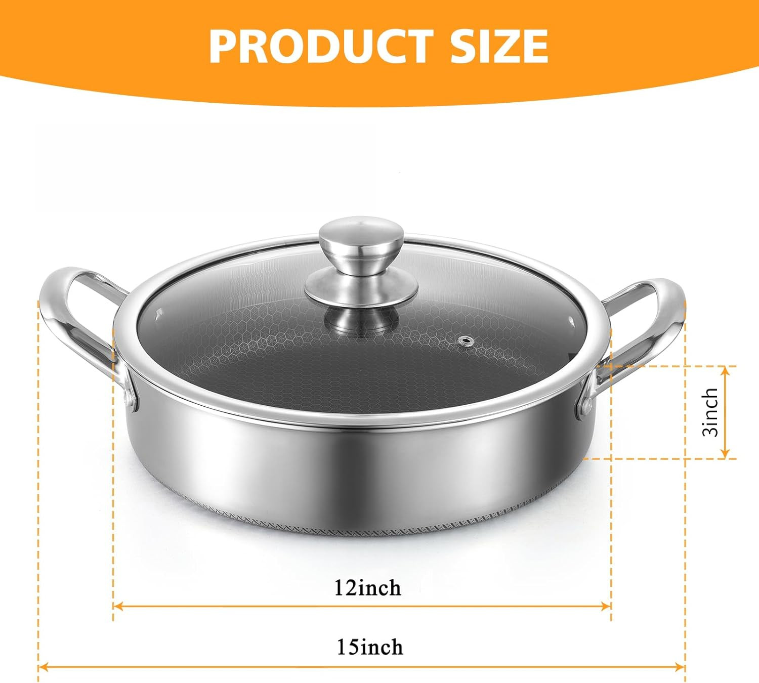 Stainless Steel Saute Pan 12 Inch Deep Frying Pan,5 Quarts Nonstick Skillet
