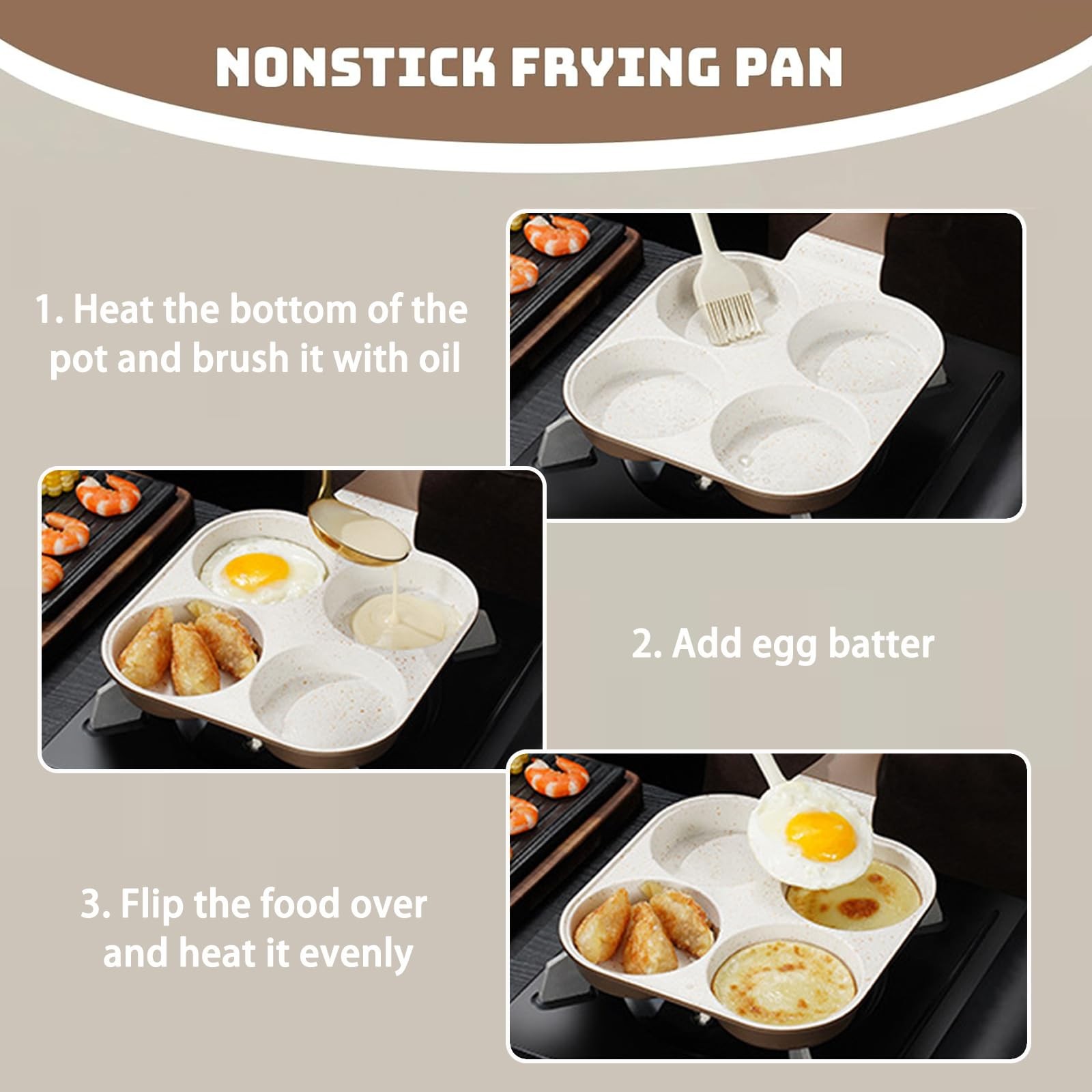 1 PC 4Cup 4in1 Nonstick Omelet Egg Frying Pan Divided Breakfast Grill White